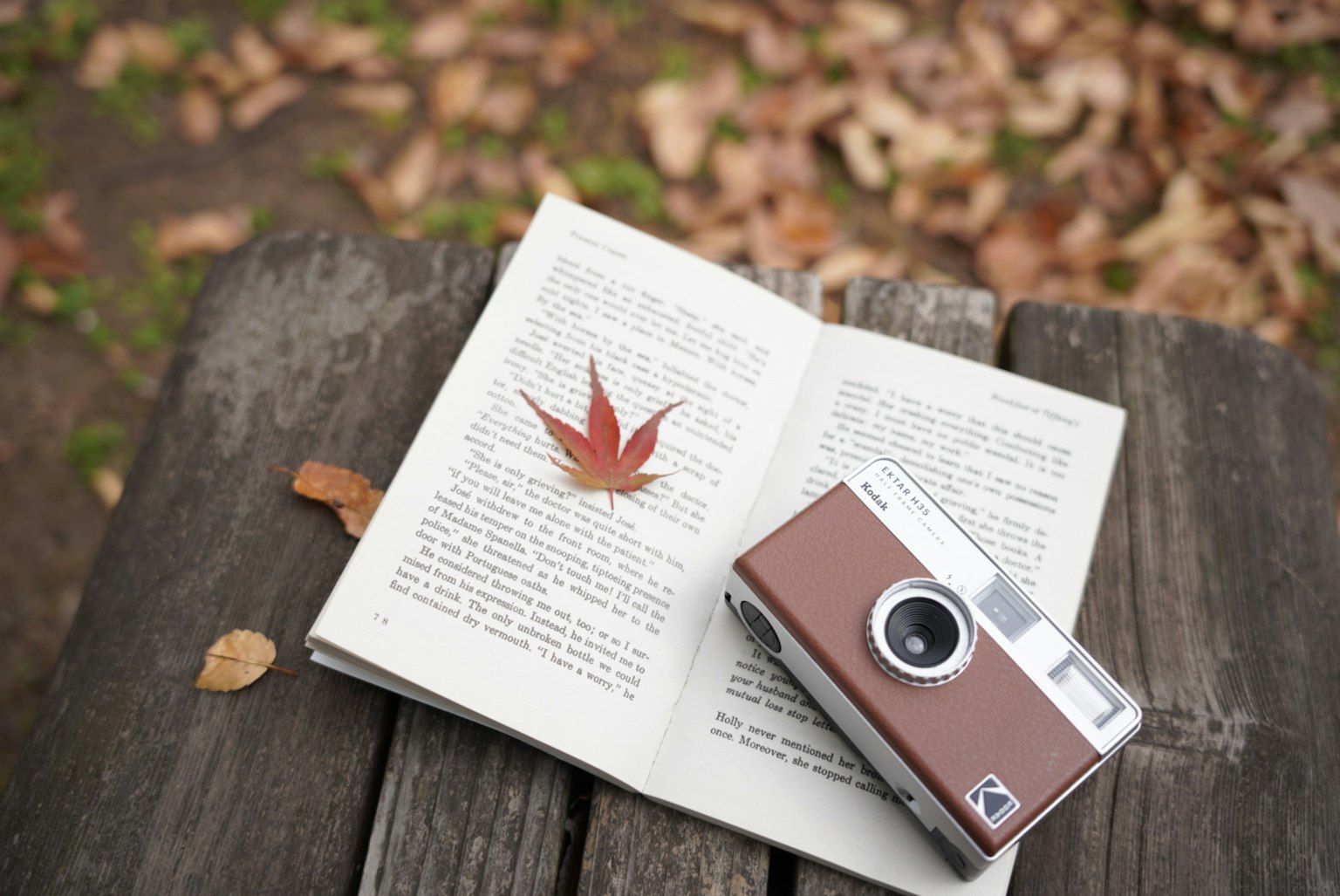 Un livre et un appareil photo sur un banc en bois avec une feuille rouge reposant sur les pages