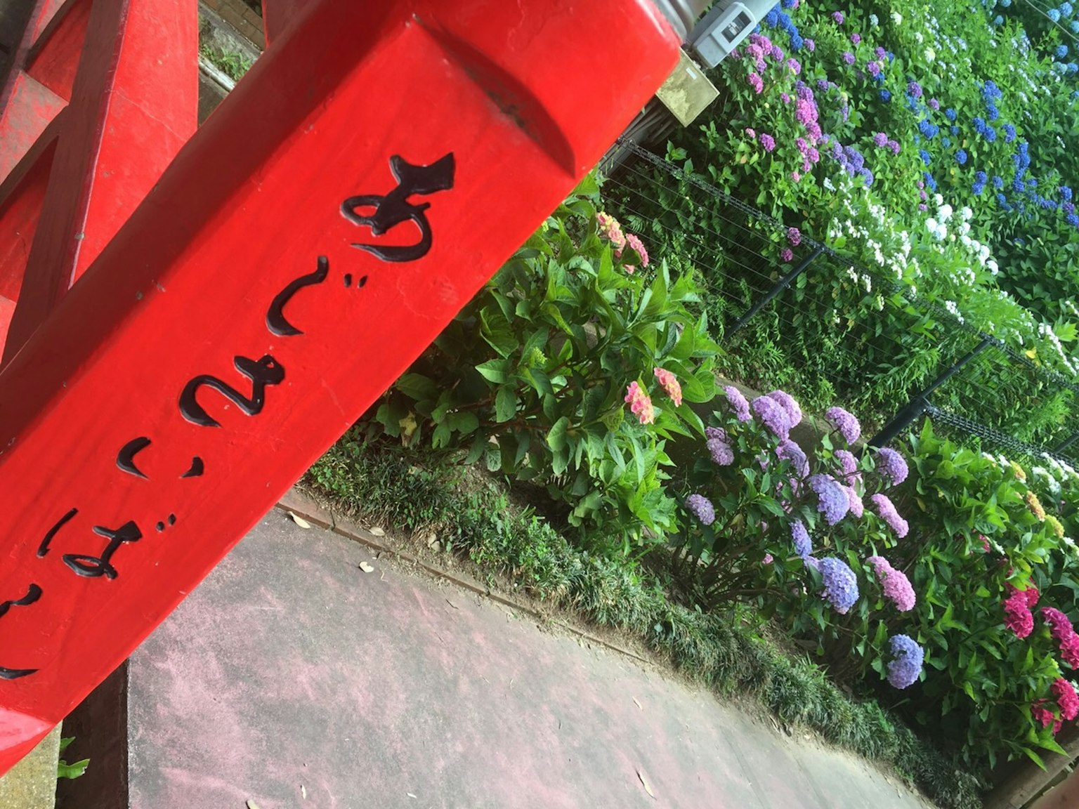 Piliers rouges avec des caractères japonais et des fleurs colorées dans le jardin