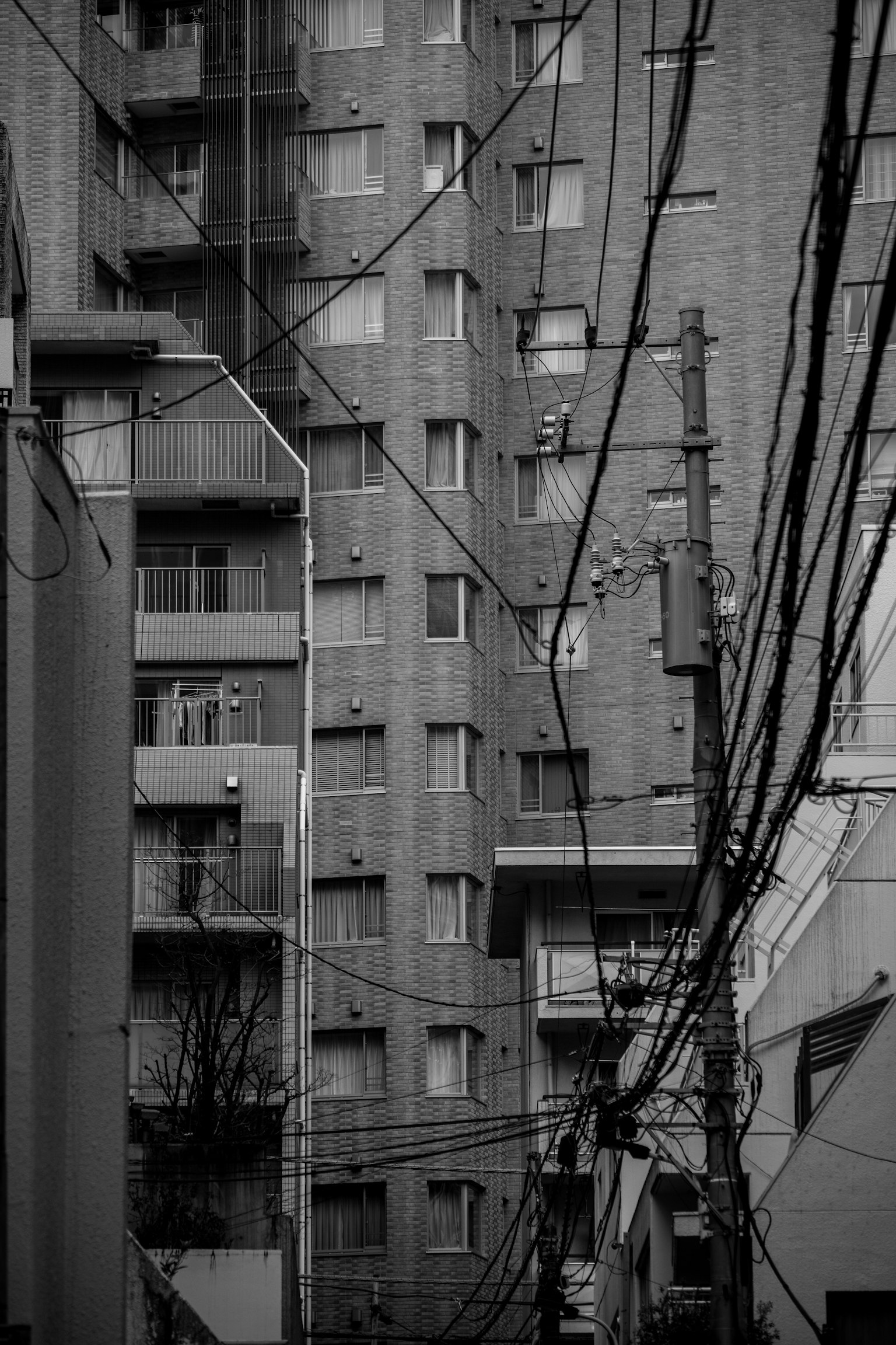 Scena urbana con edifici e cavi elettrici intrecciati in bianco e nero