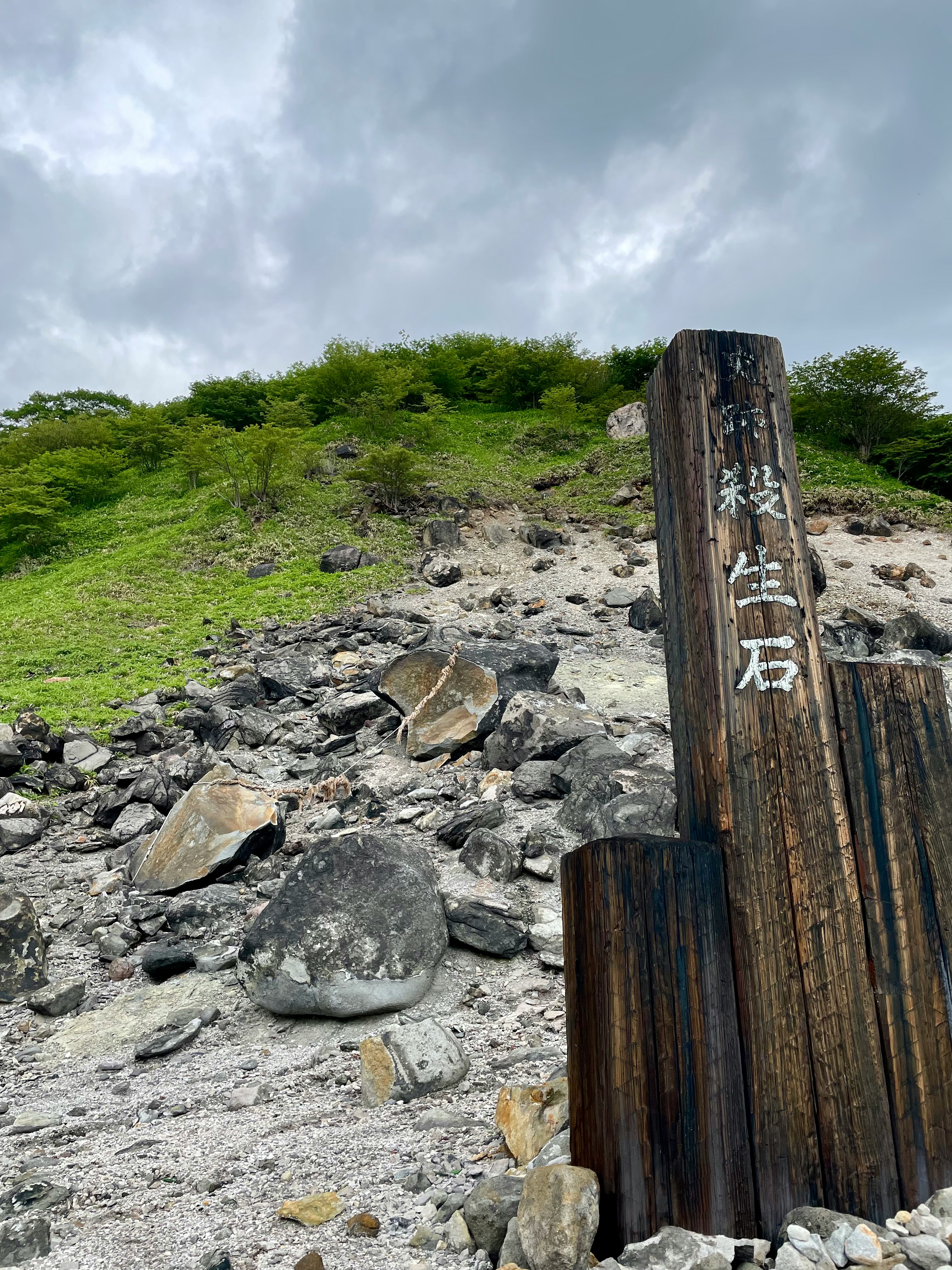 草坡山丘上的岩石小径与木质路标“登山口”