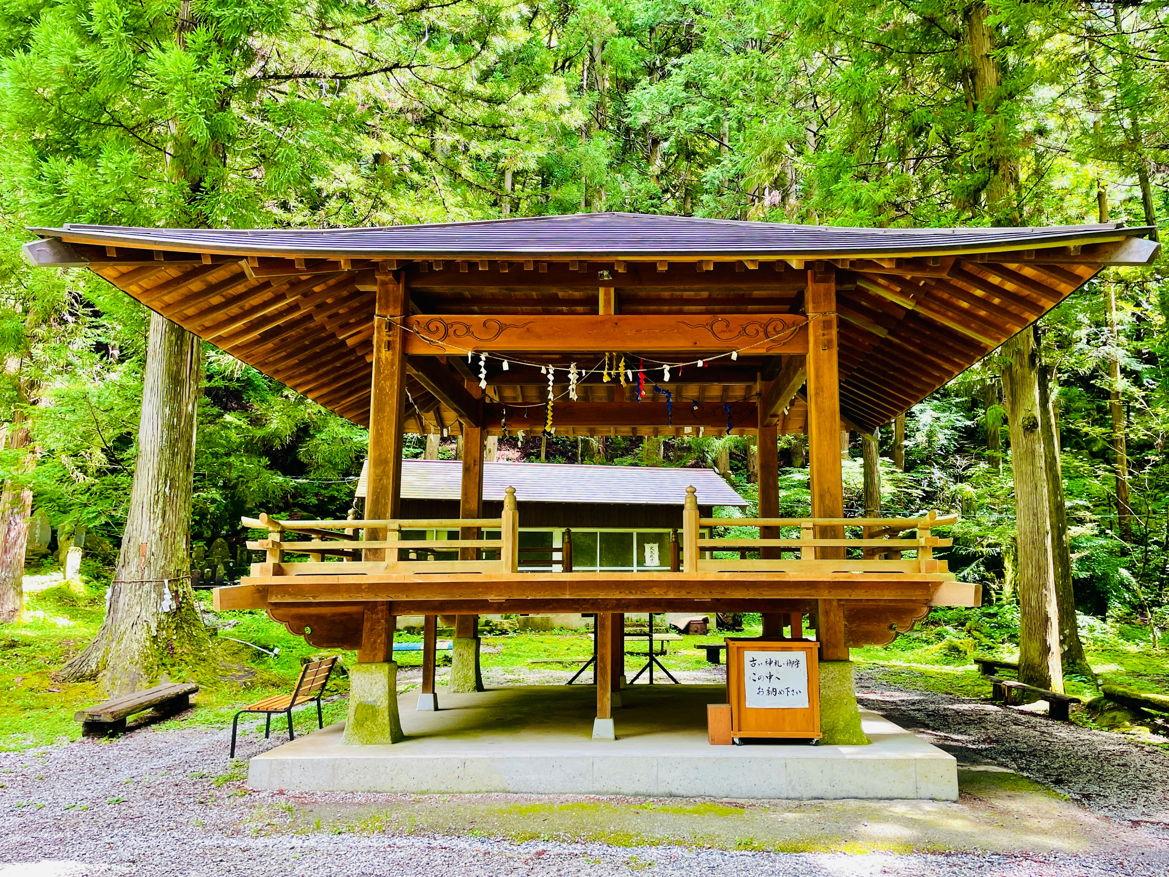 緑の森の中にある木造の休憩所とベンチ