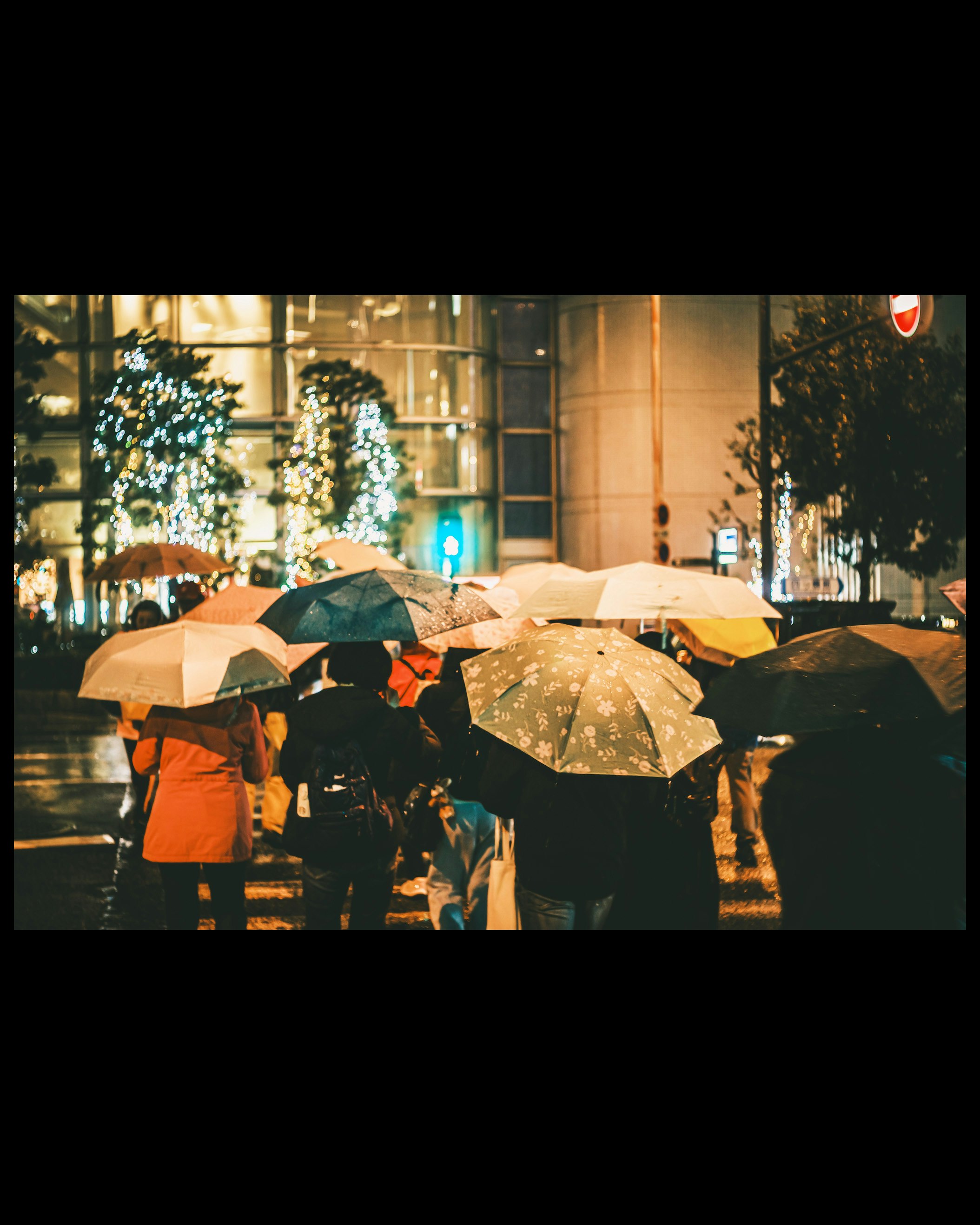 雨天路口撑伞的人群
