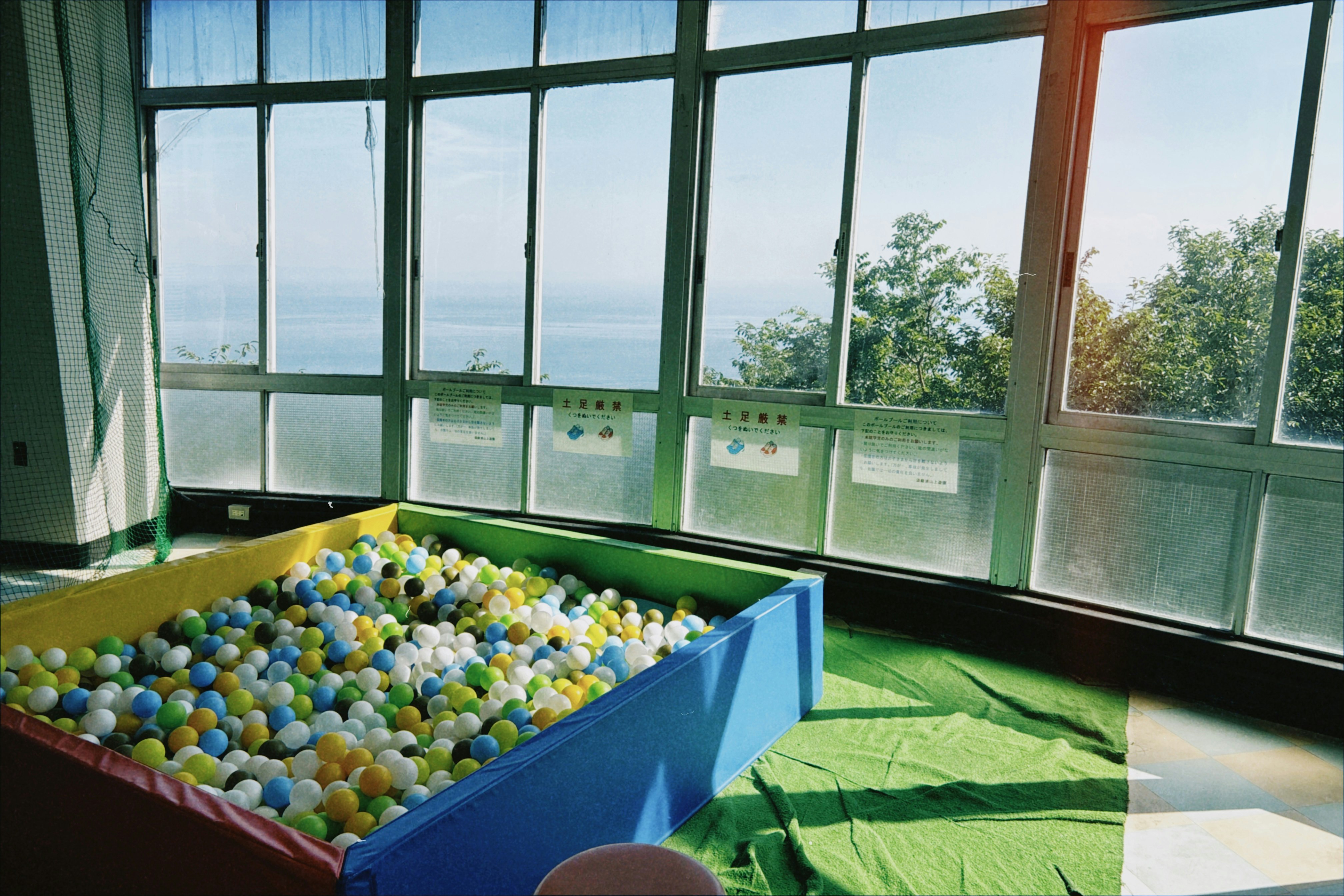 aire de jeux intérieure avec piscine à balles près de la fenêtre et tapis vert