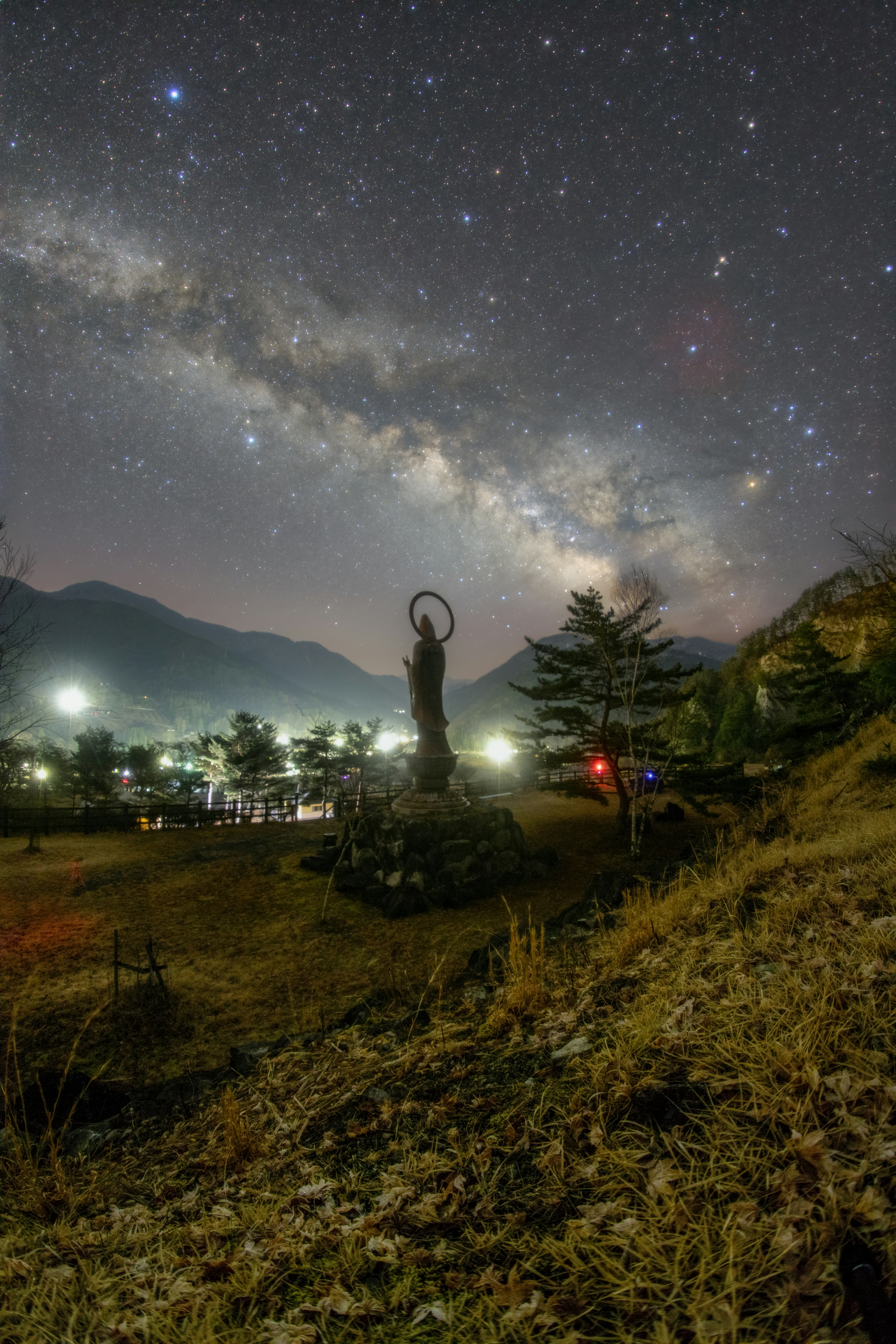 夜晚草地上的雕像与可见银河的星空
