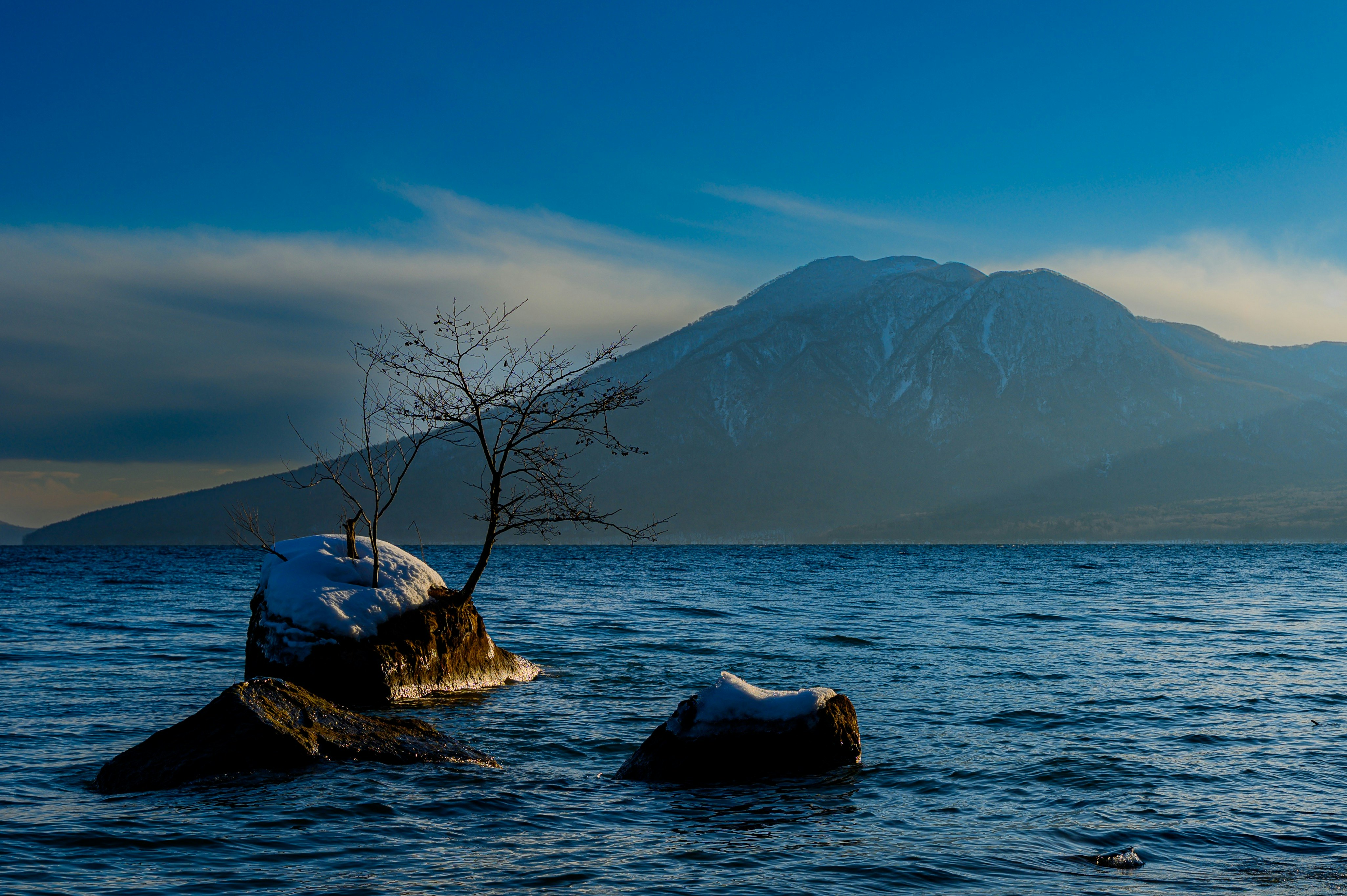 青い静けさの海と山を望む水辺の岩と枯れ木