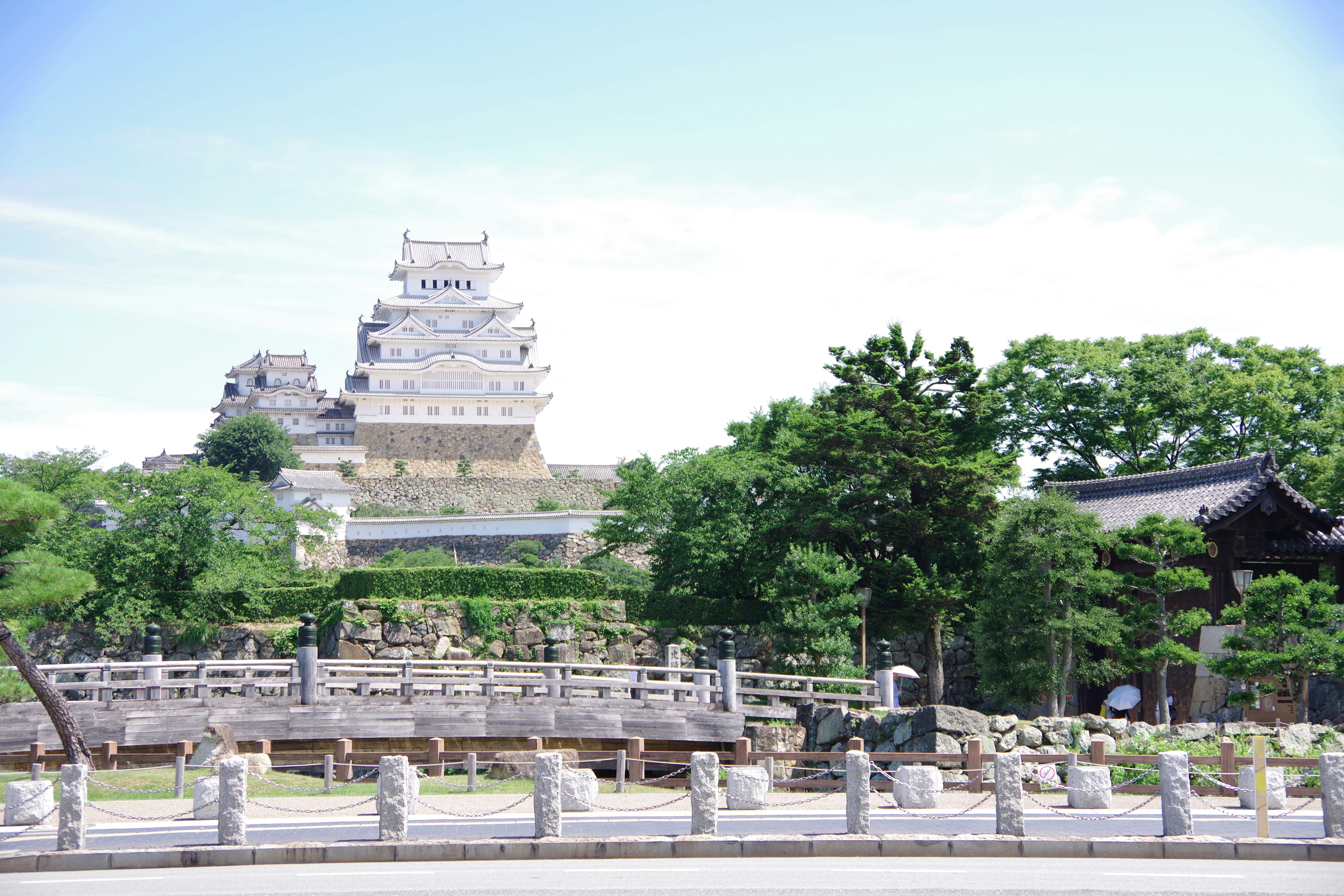 木々に囲まれた城郭風の建物と石垣の景観
