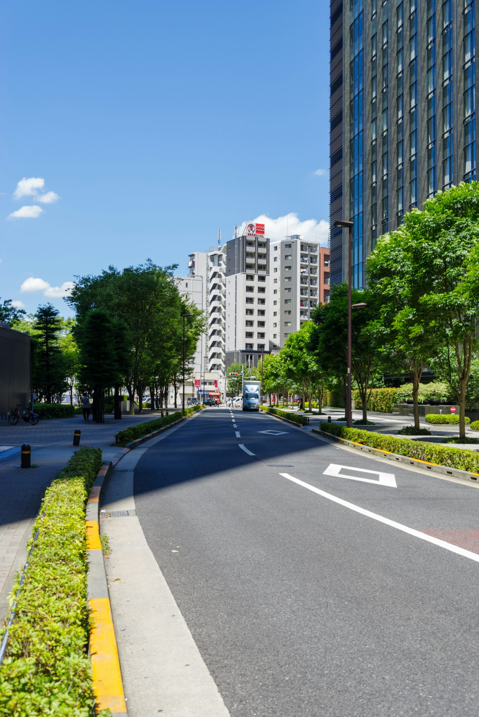 藍天下的城市街道與高樓大廈和綠色樹木