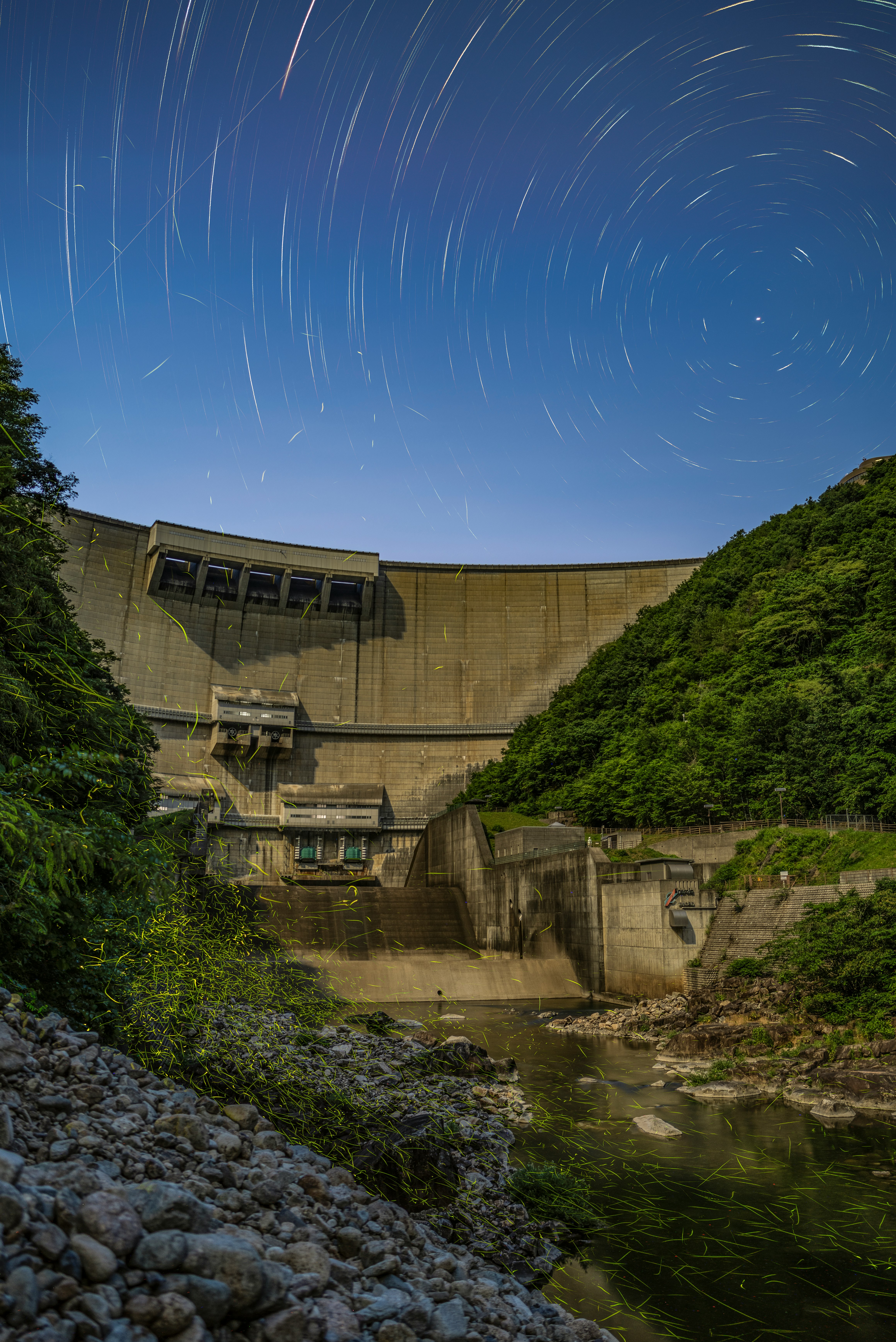 緑に囲まれたダムのある渓谷の夜明け前の空