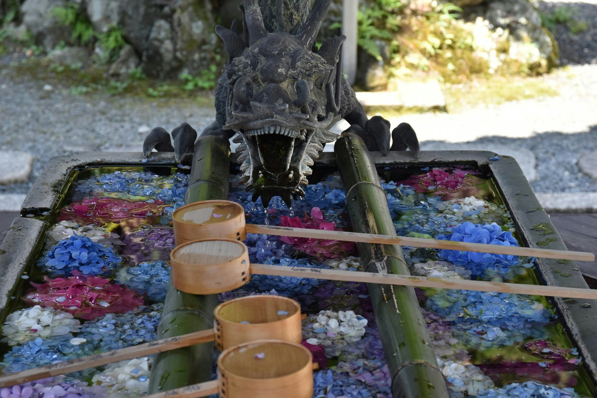 竹筒の花手水が並ぶ石庭の祭壇
