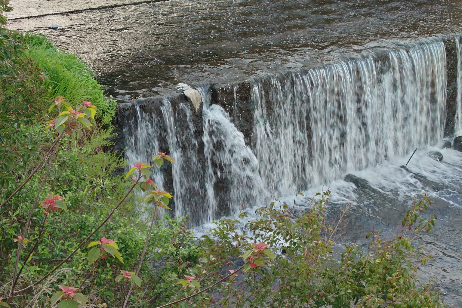 Chute d'eau dévalant un mur en pierre entouré de verdure