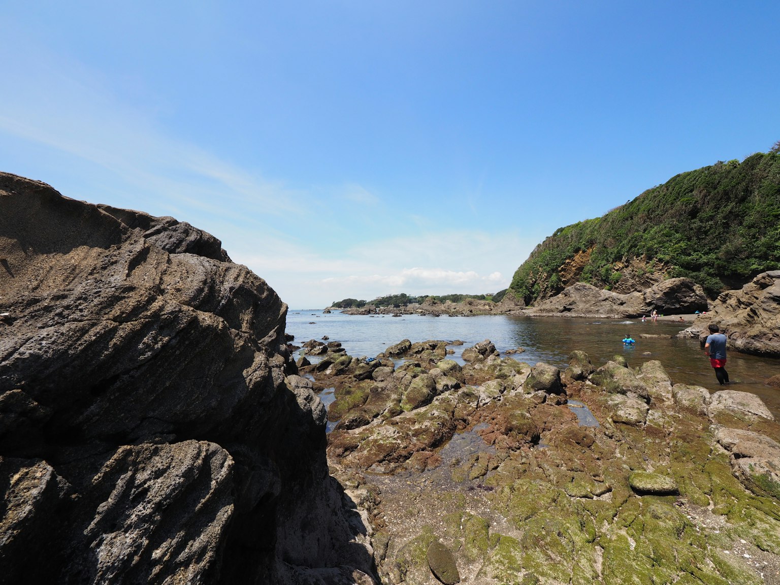 Escena costera con rocas y charcas de marea bajo un cielo azul claro y colinas verdes