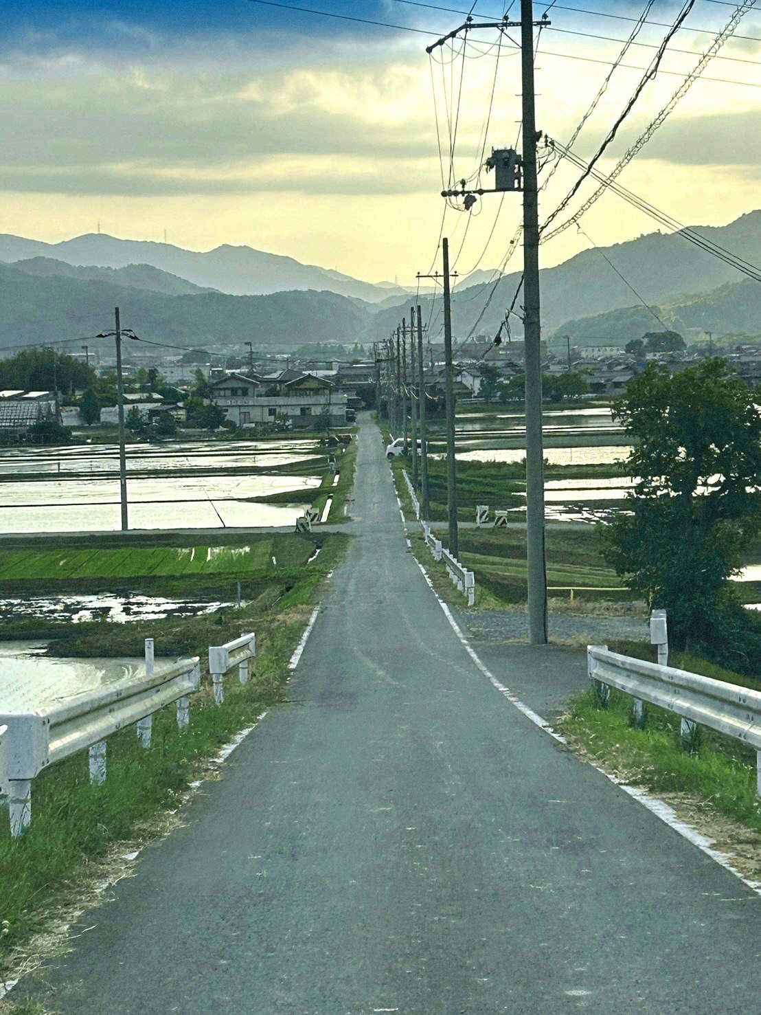 川沿いの直線道路と電柱、山並みの風景