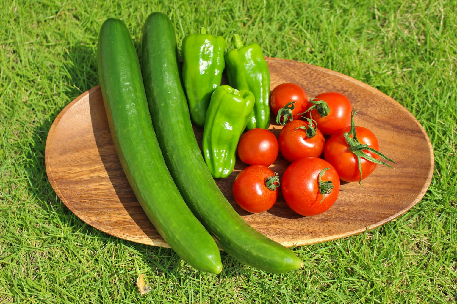 Légumes frais disposés sur une assiette en bois comprenant des concombres verts des tomates rouges et des poivrons verts