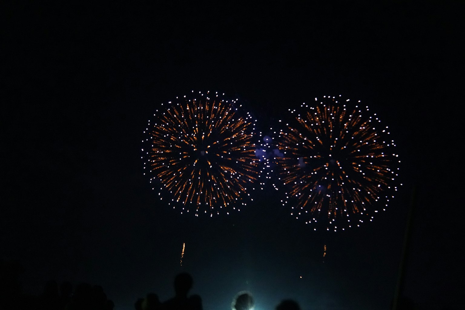Espectáculo de fuegos artificiales en el cielo nocturno con dos grandes explosiones