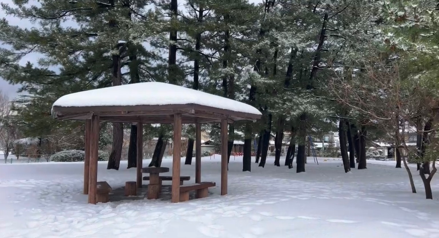 Holzpavillon, der mit Schnee bedeckt ist, umgeben von Kiefern