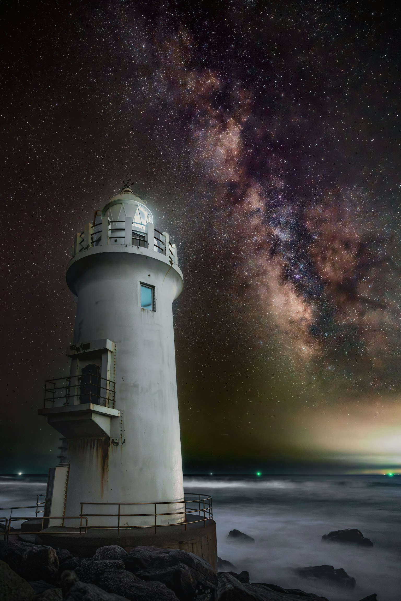 Eine atemberaubende Aussicht auf einen Leuchtturm unter einem sternenklaren Himmel mit der Milchstraße