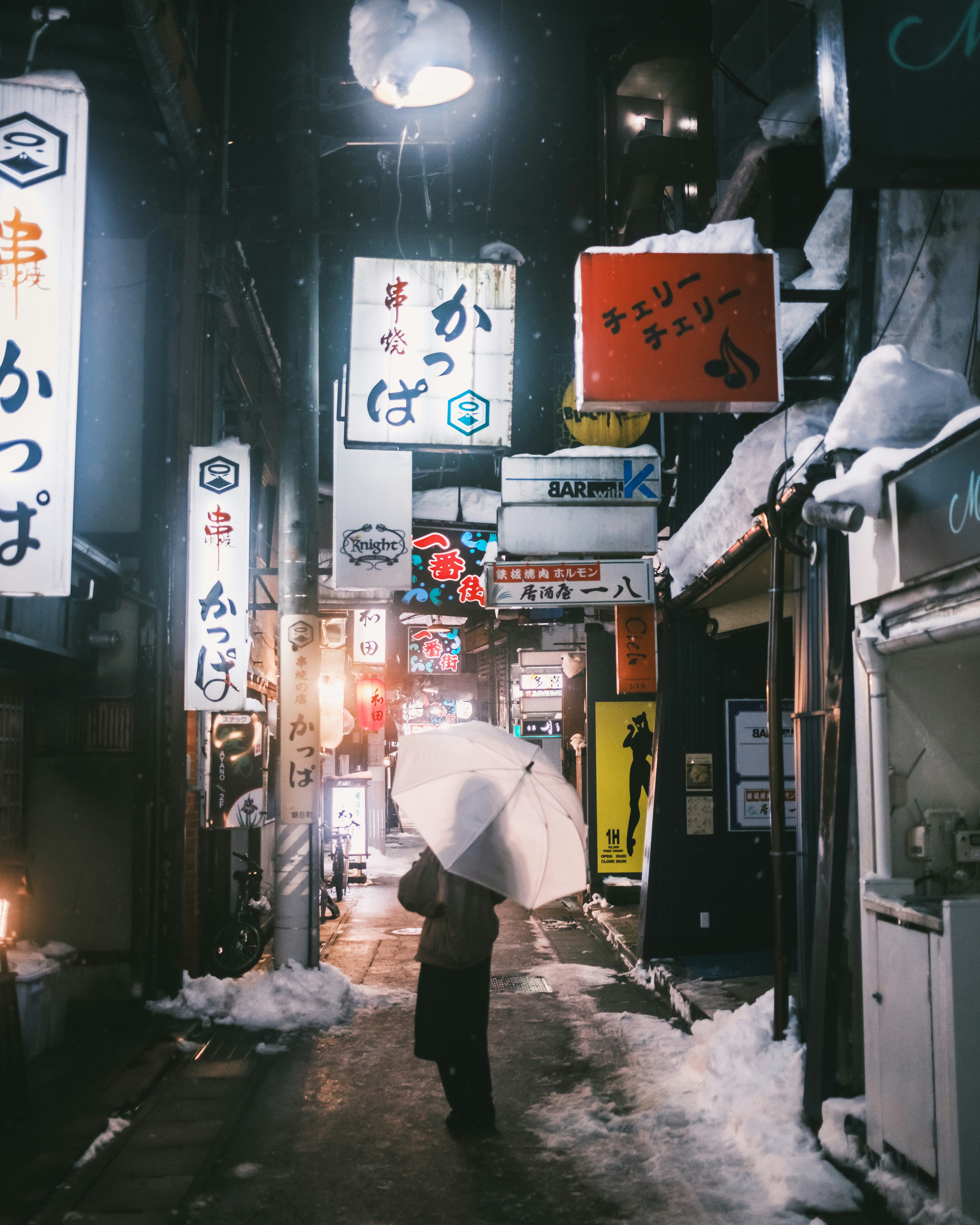 雪の飛騨高山の路地に並ぶ提灯と看板のある商店街