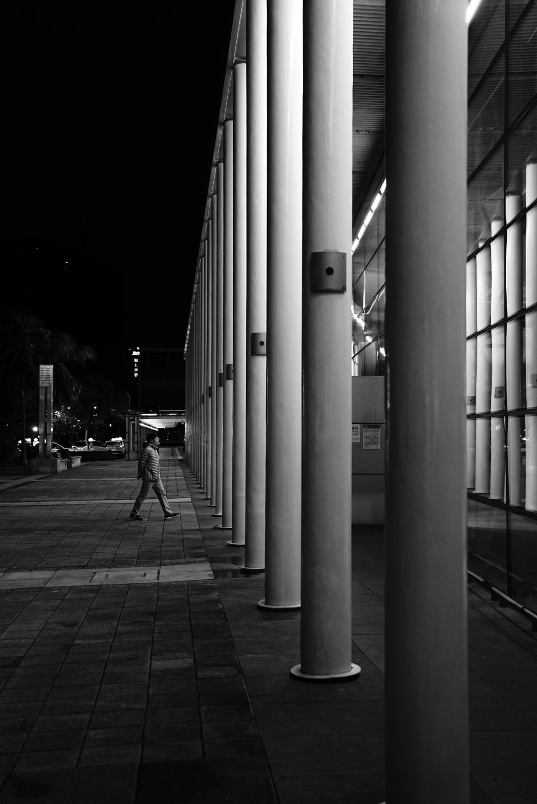 nighttime building columns and a person walking on the sidewalk