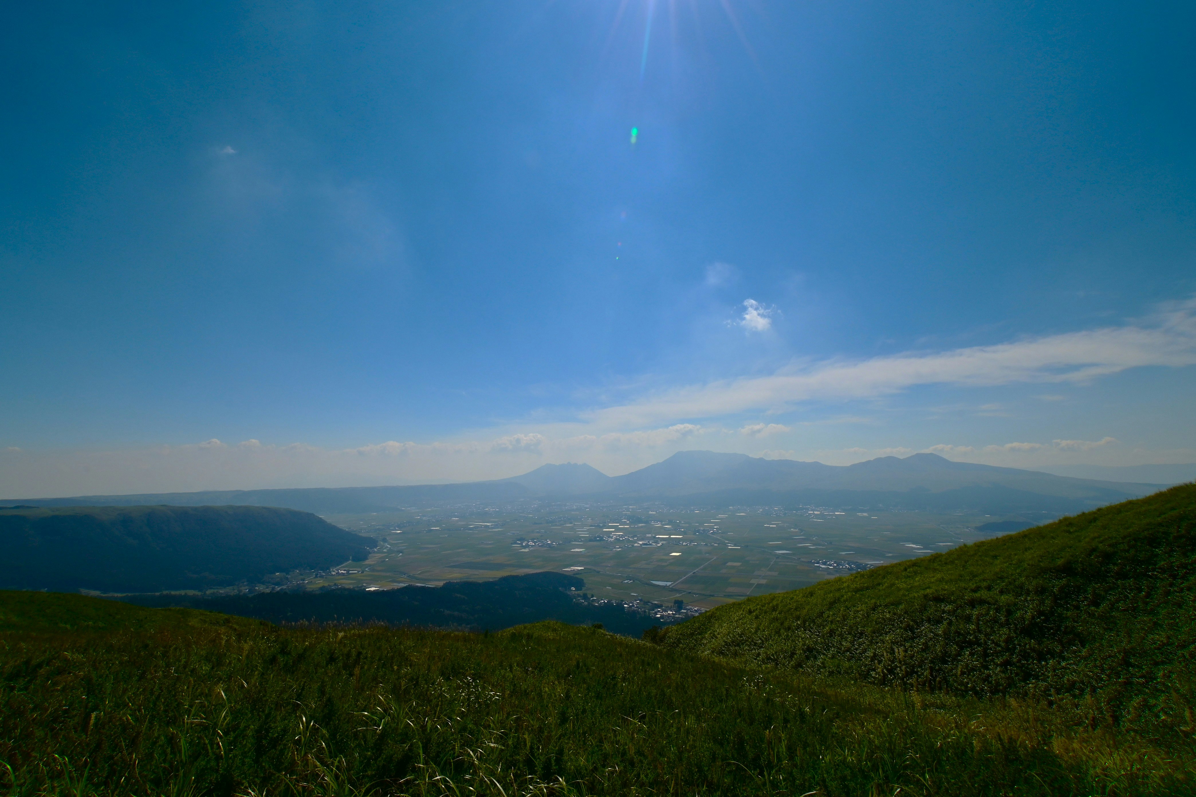 Aso grassland view over mountains and a valley