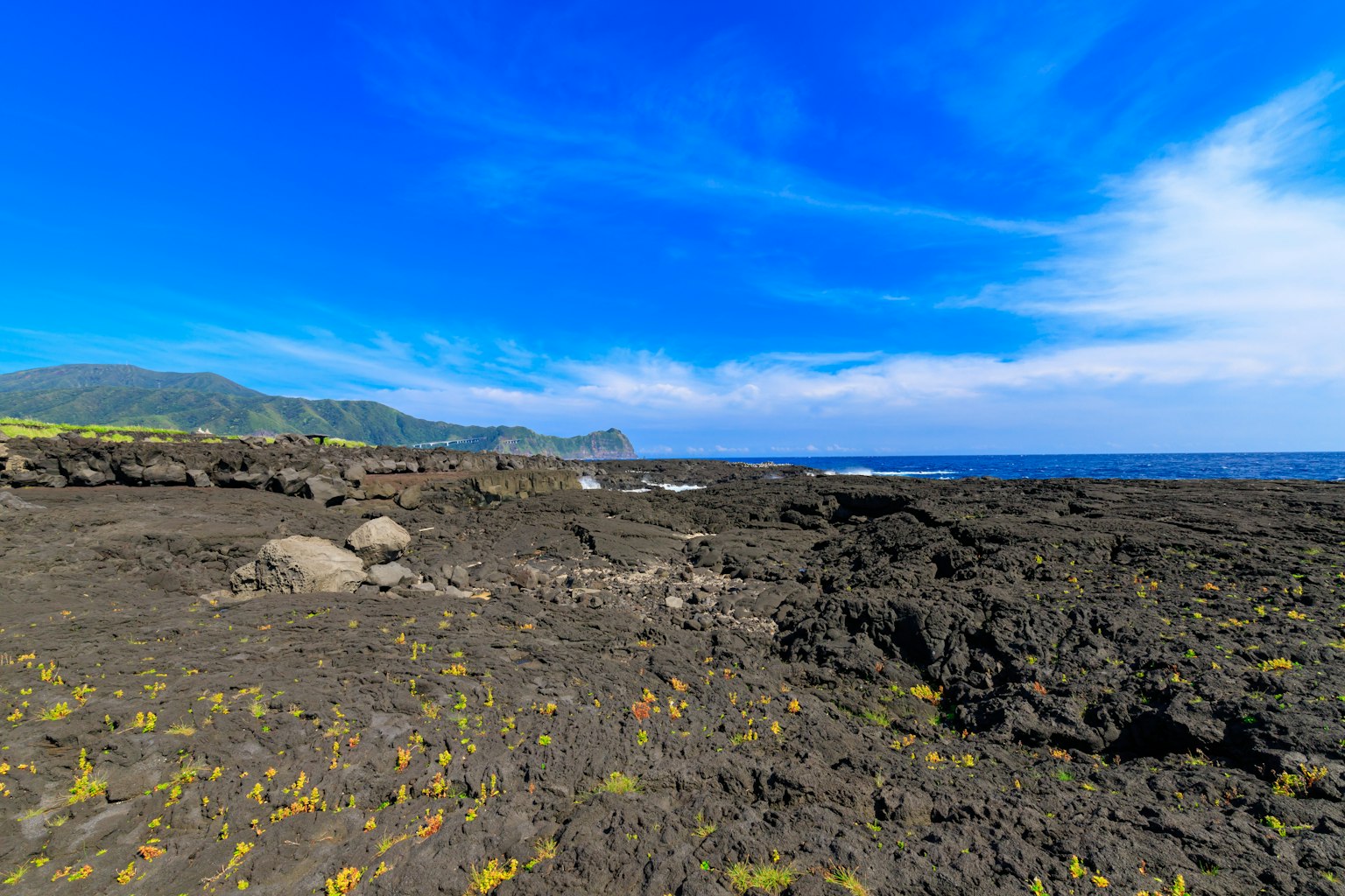 黑色岩石海岸的风景，绿色植物点缀在明亮的蓝天下