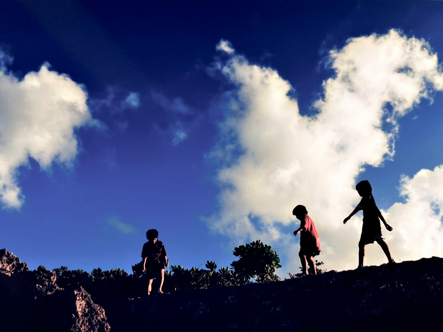 Silhouette di bambini che camminano su rocce contro un cielo blu e nuvole bianche