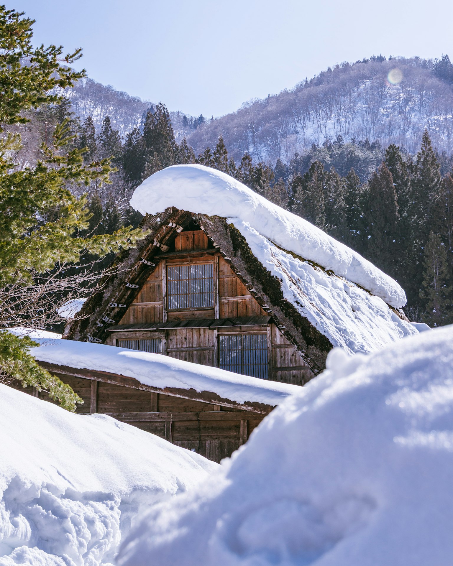 被雪覆盖的传统山屋与周围森林景色