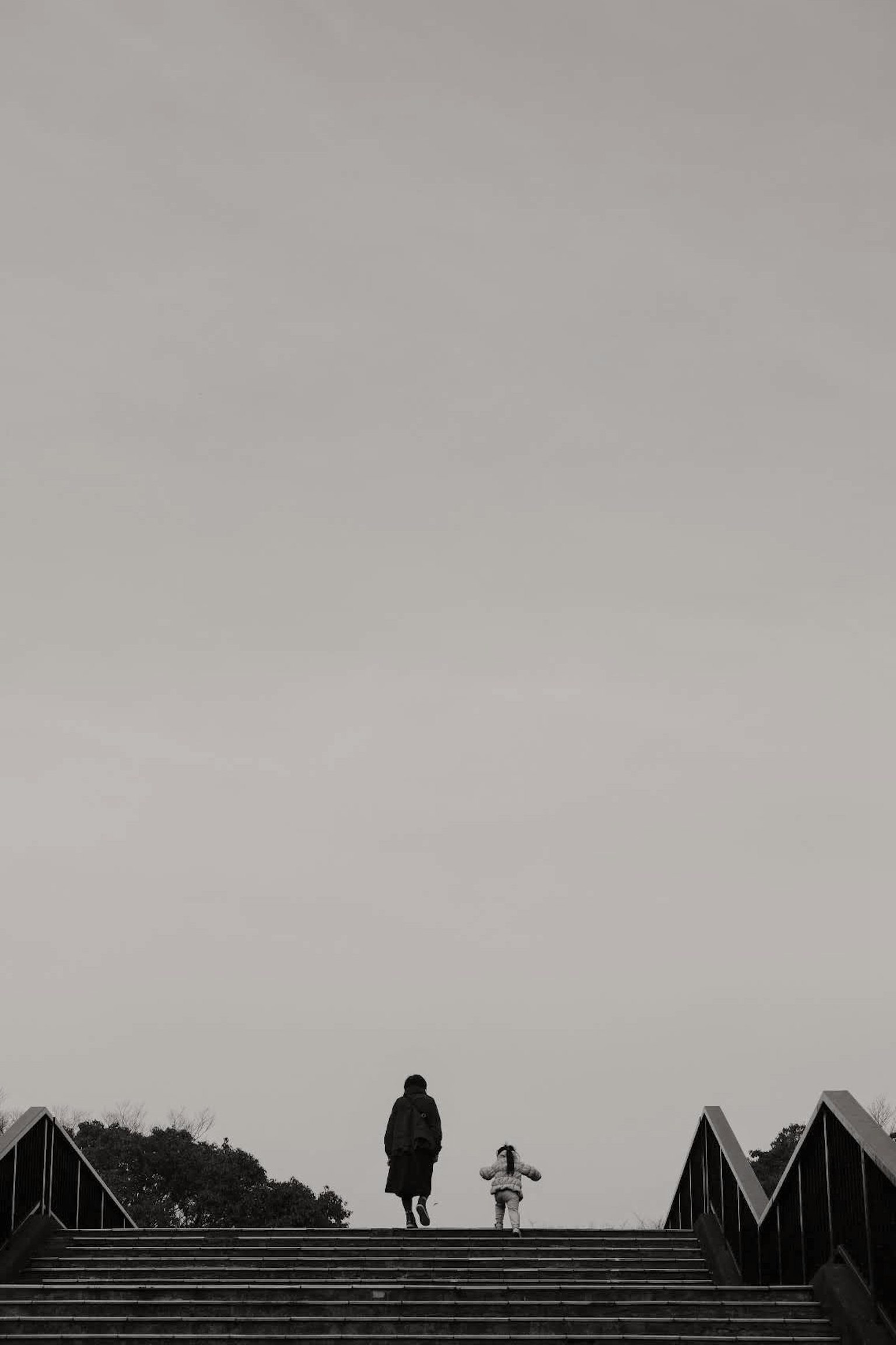 在陰雲密布的天空下，兩個身影正在上樓梯
