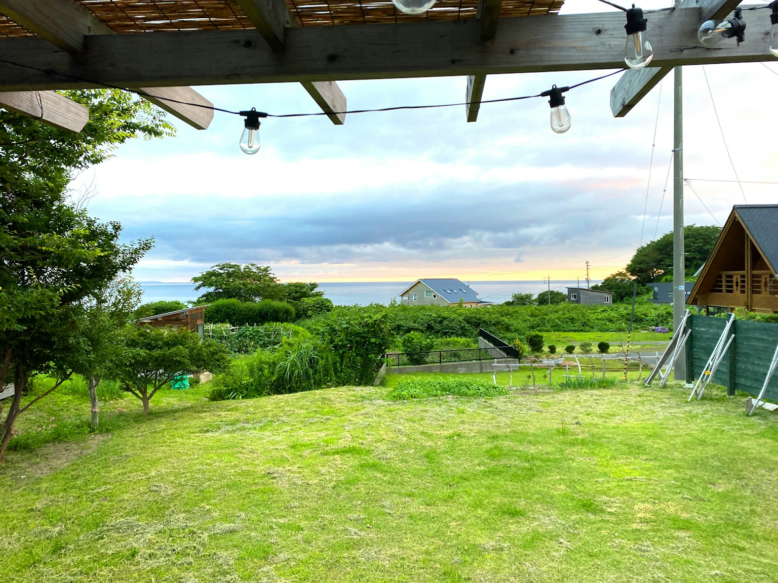 View of a garden with lush greenery and ocean in the background