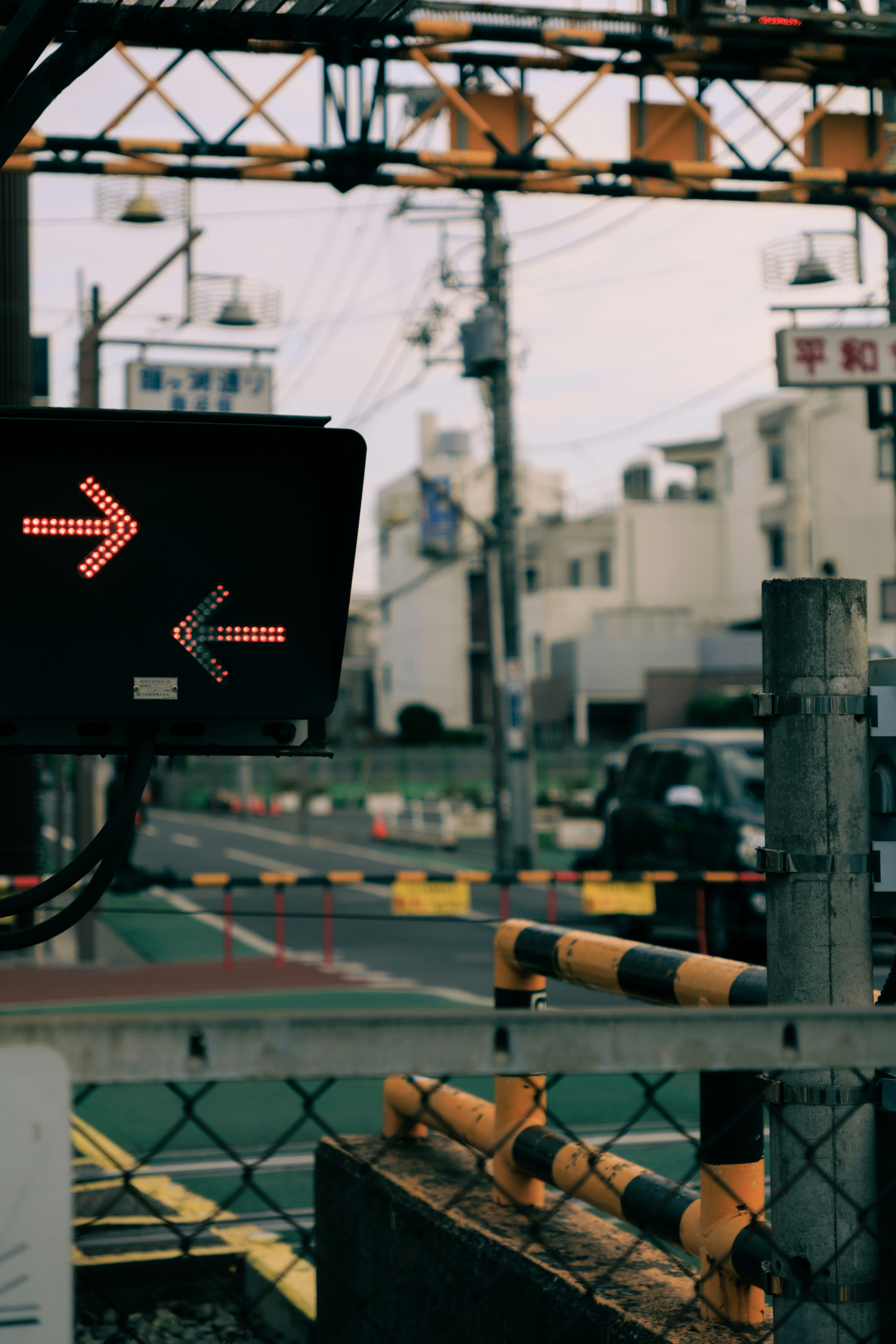 Rail crossing signals and city street scene