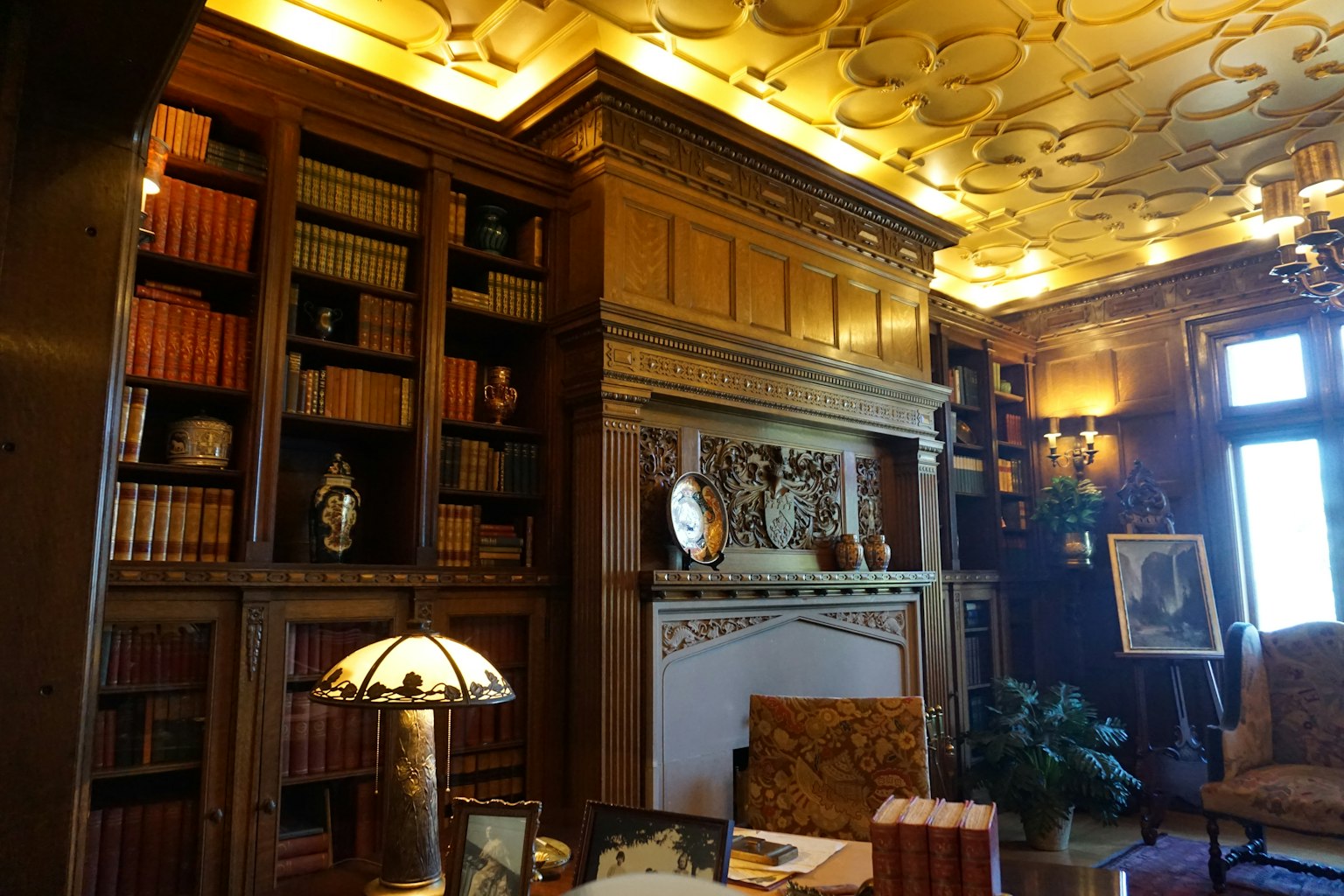 Intérieur d'un bureau luxueux avec une bibliothèque remplie de vieux livres des lumières au plafond et une cheminée décorative