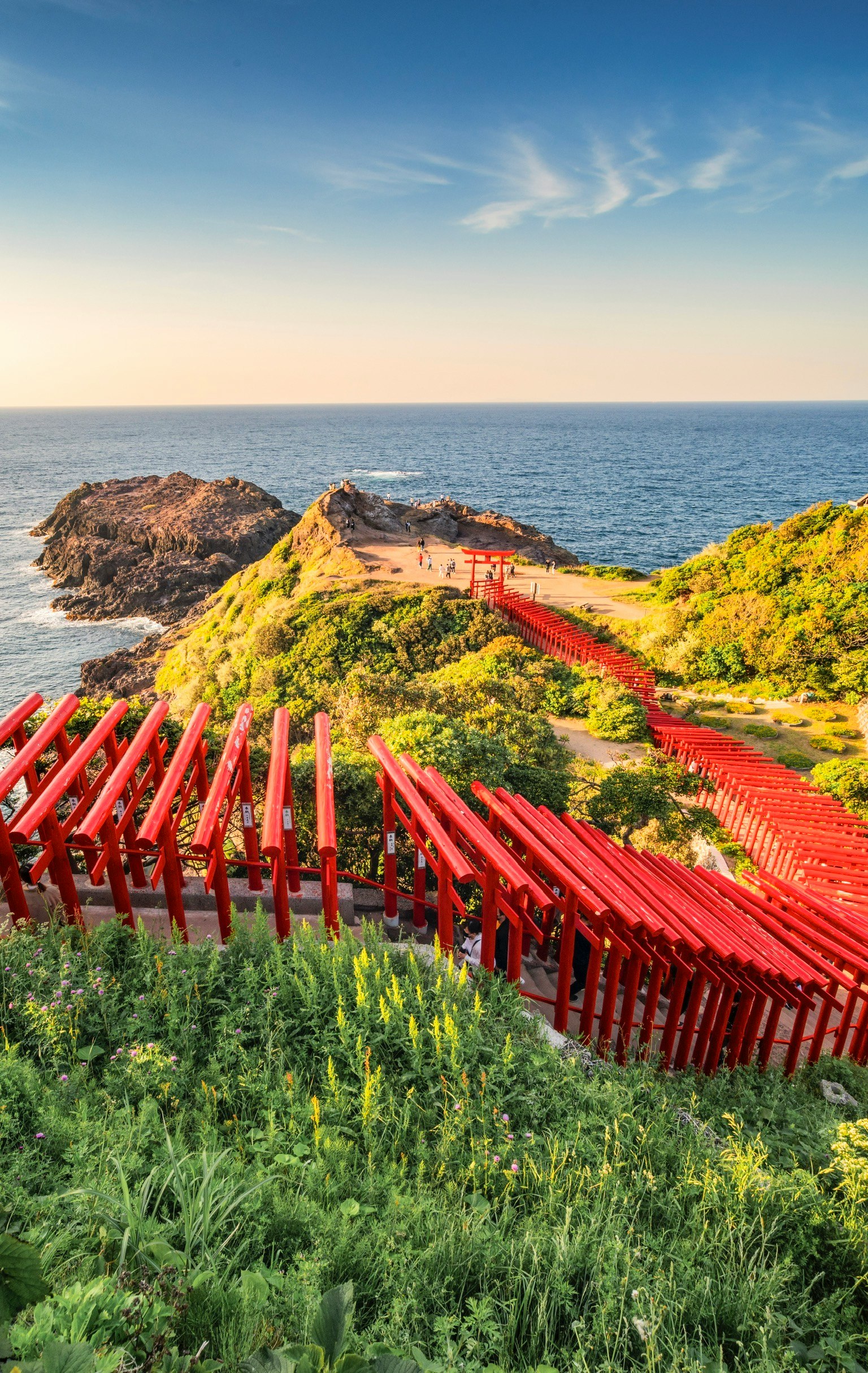 Vue panoramique de portes torii rouges menant à l'océan