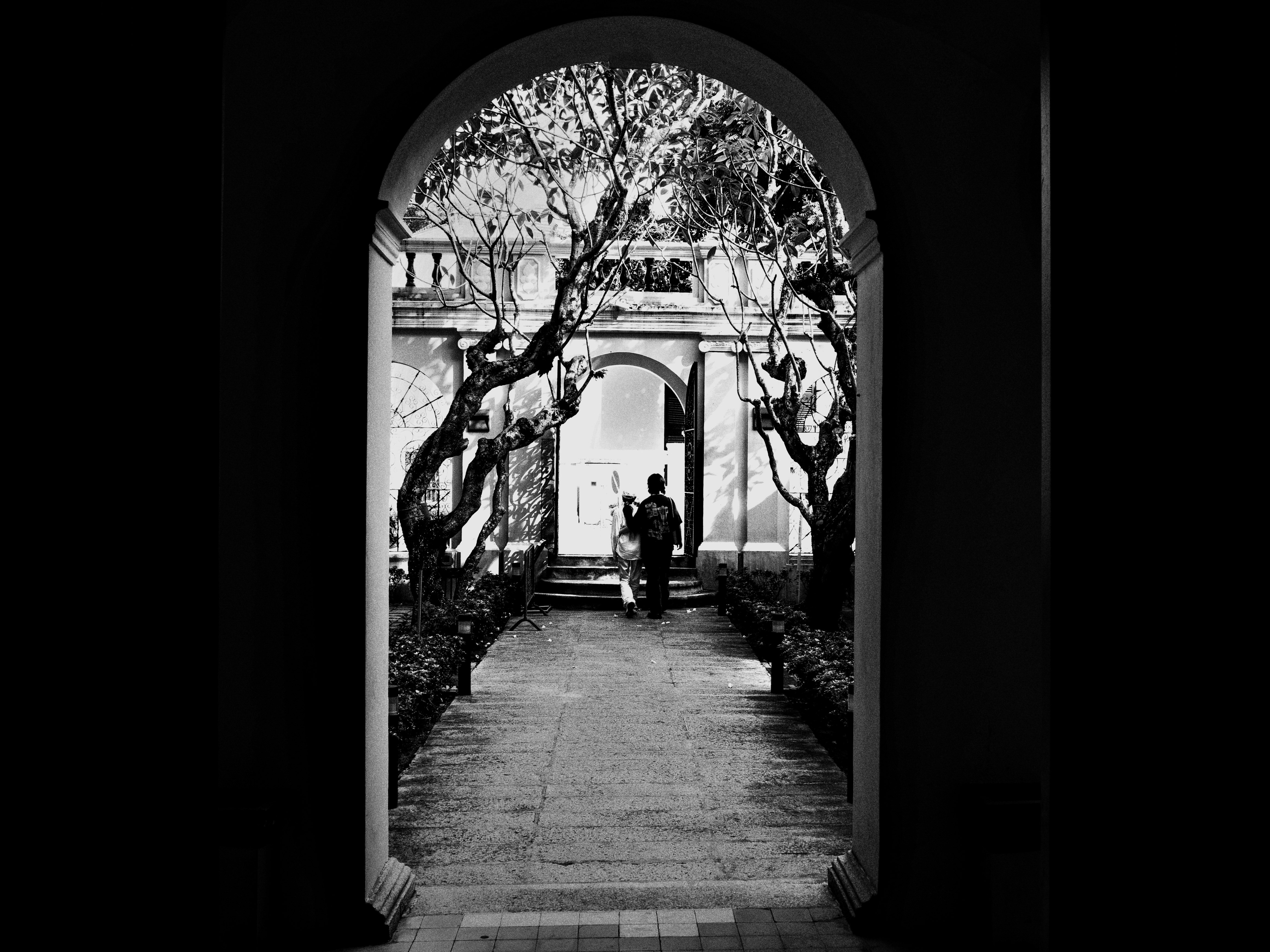 Courtyard walkway framed by an arch with trees and stone paving