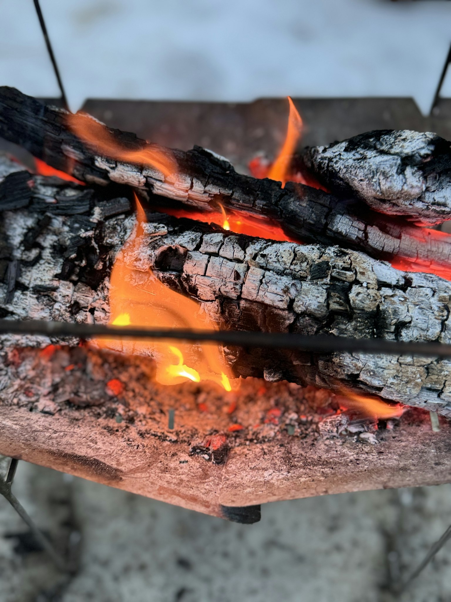 Troncos ardiendo con llamas naranjas y cenizas grises