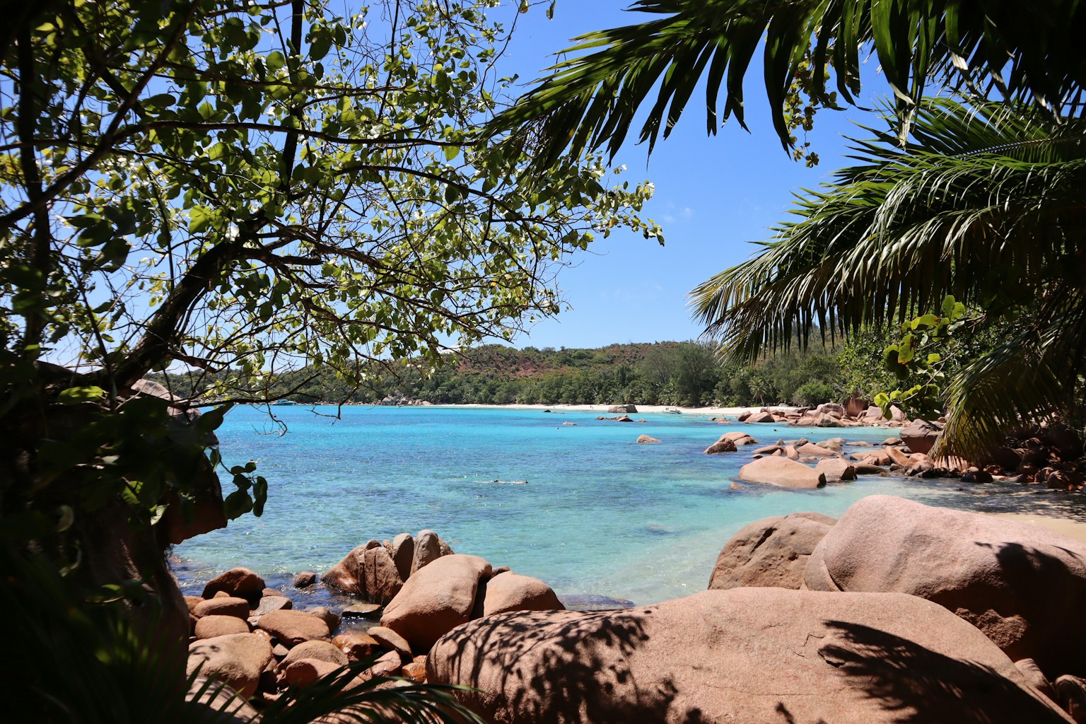 Pemandangan pantai tropis dikelilingi laut biru dan batu