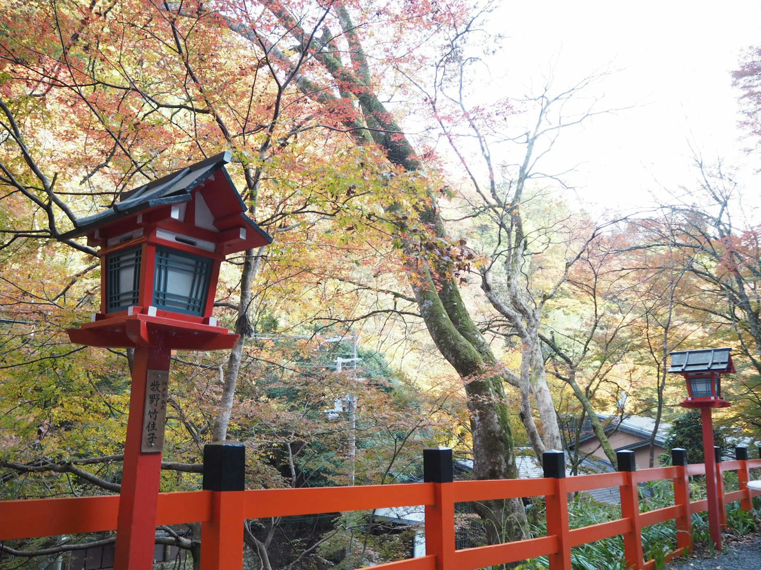 ทิวทัศน์ที่สวยงามของโคมไฟแดงและรั้วที่ถูกล้อมรอบด้วยใบไม้ฤดูใบไม้ร่วง