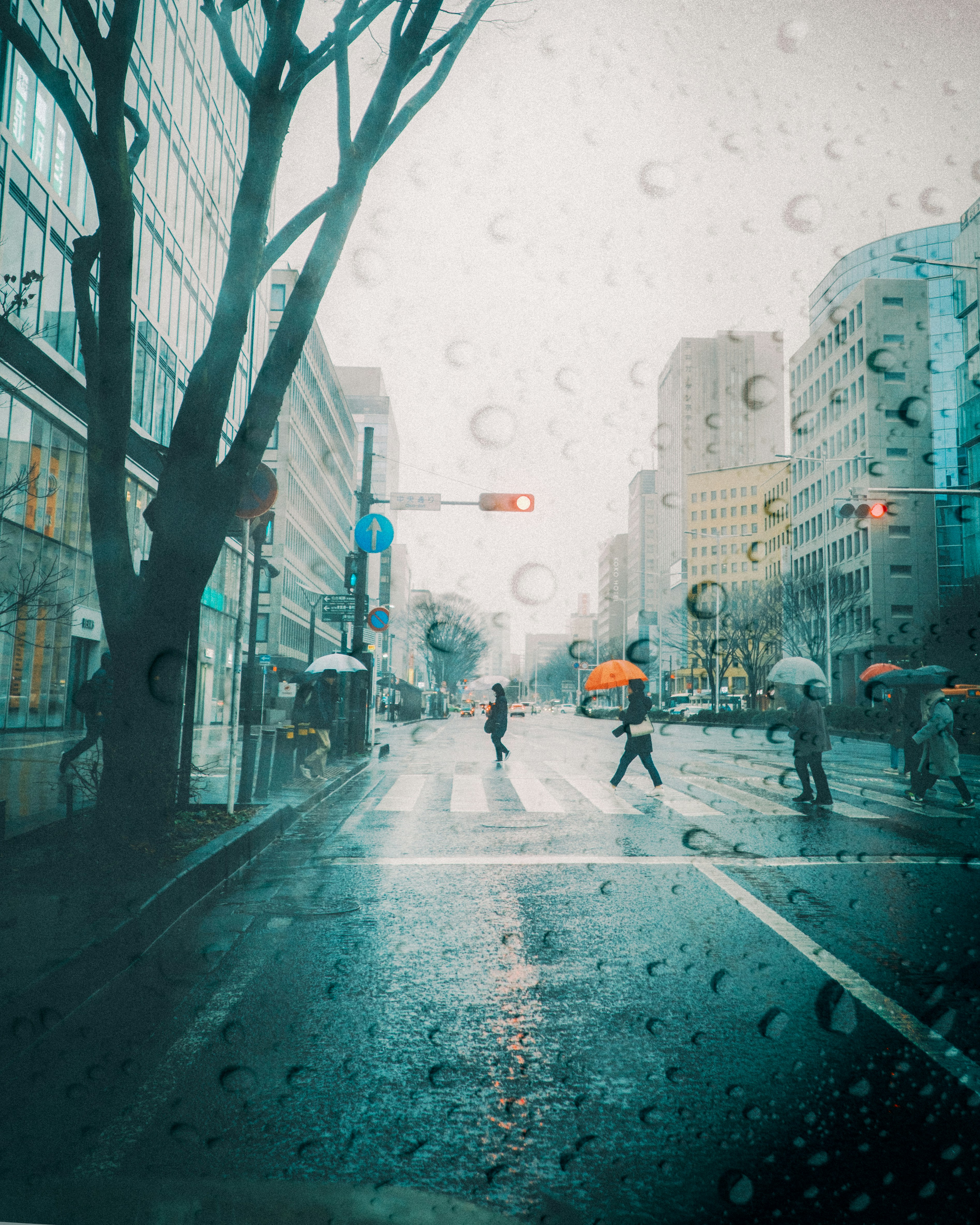 雨上がりの街路を歩く人々と濡れた道路の風景