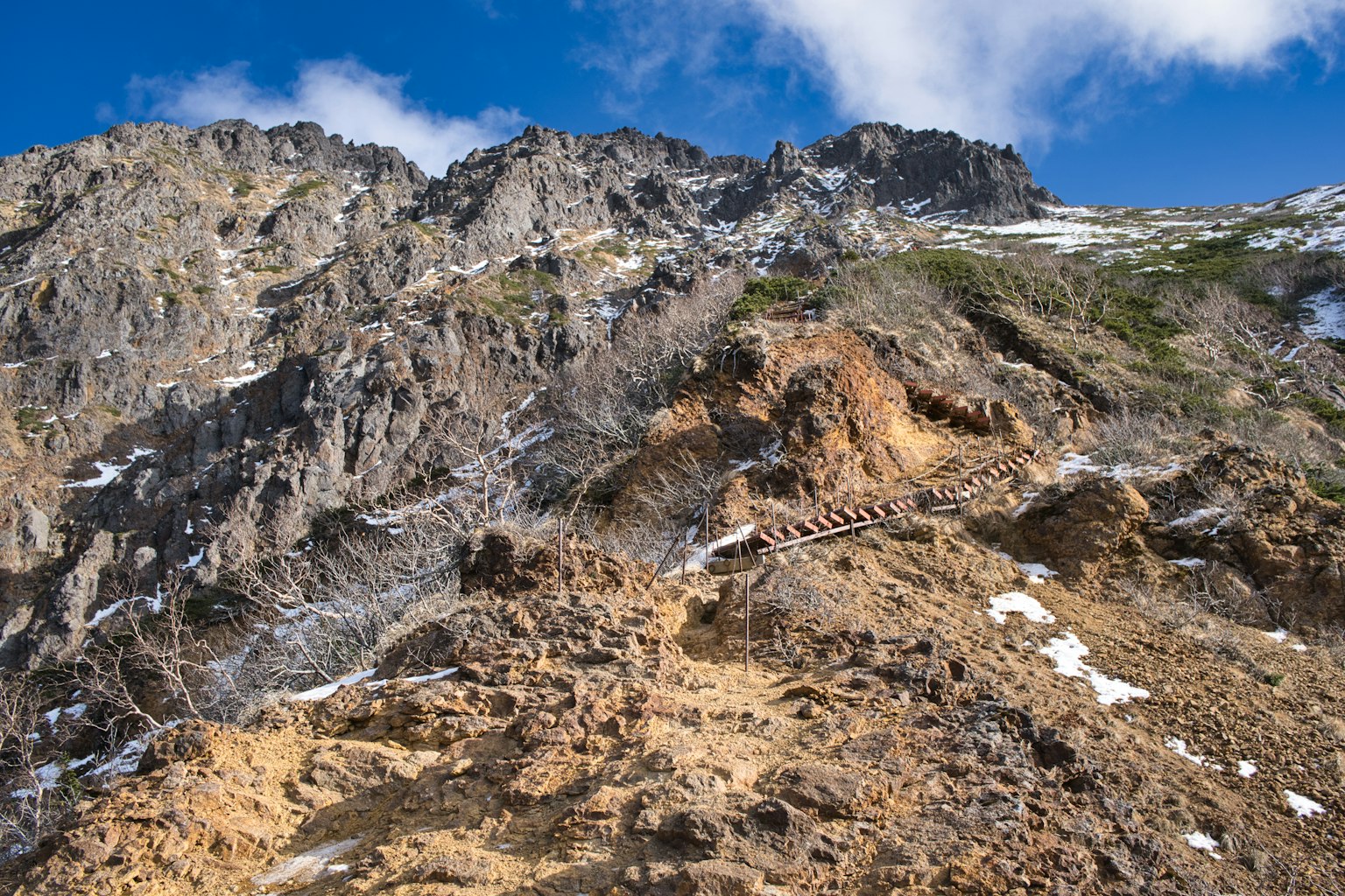 Panoramablick auf einen hohen Berg mit blauem Himmel felsigem Terrain und Schneeresten