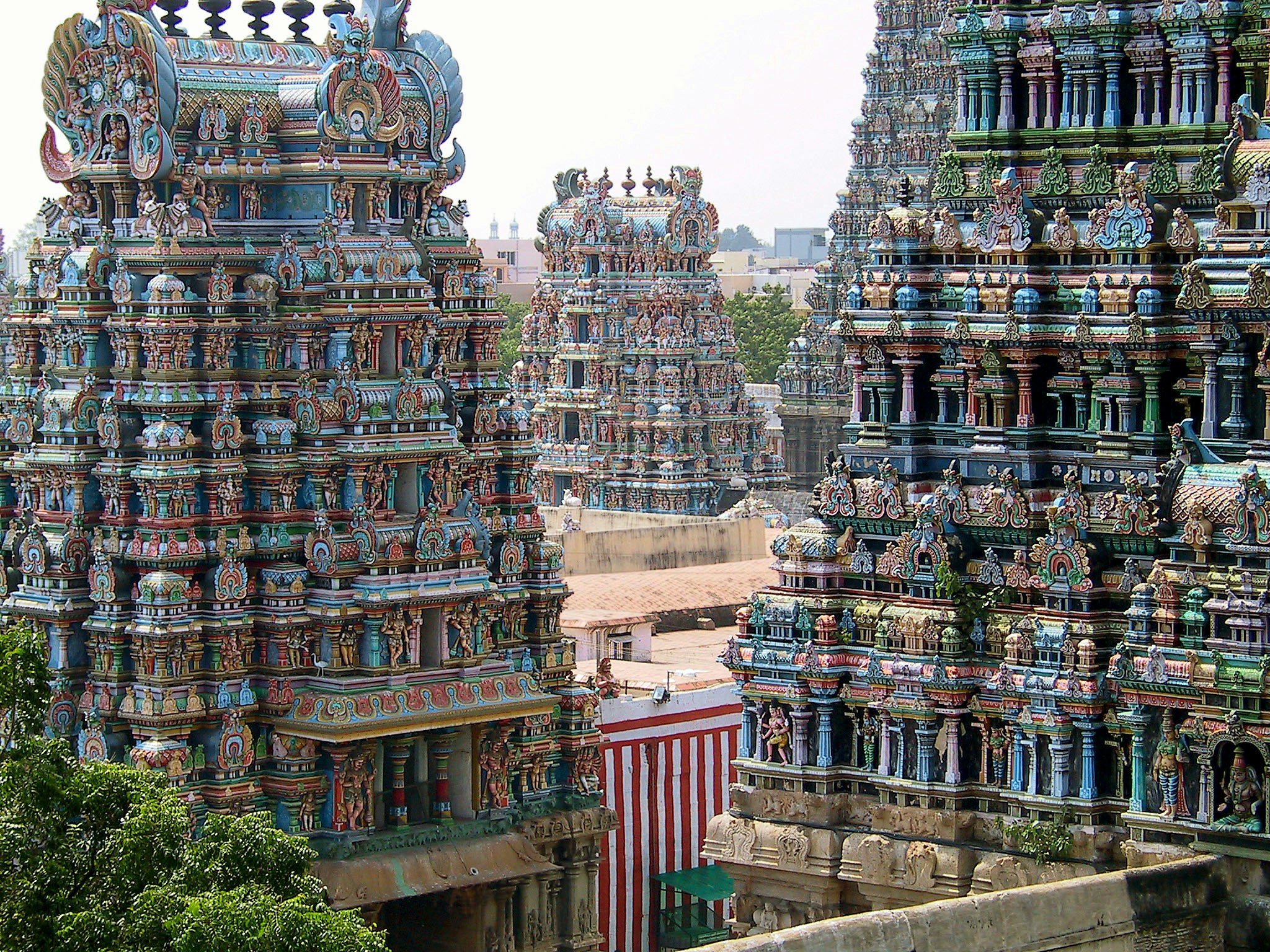 colorful decorated temple corridor and tower view