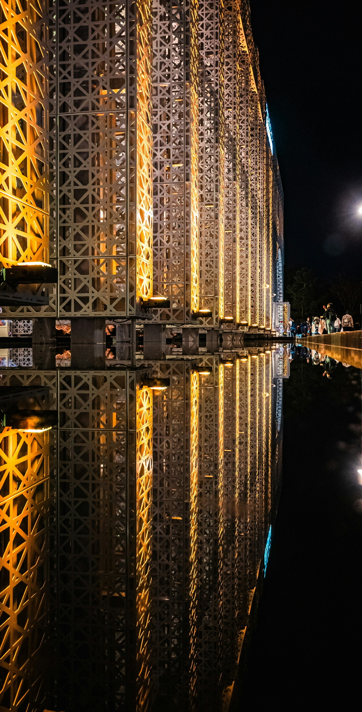 夜の水面に映る美しい建物のファサードと照明