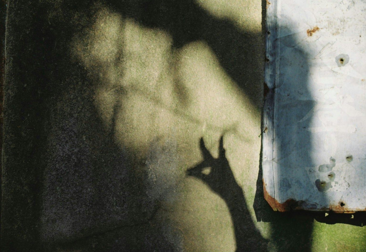 Shadow of a hand forming a shape on a textured wall