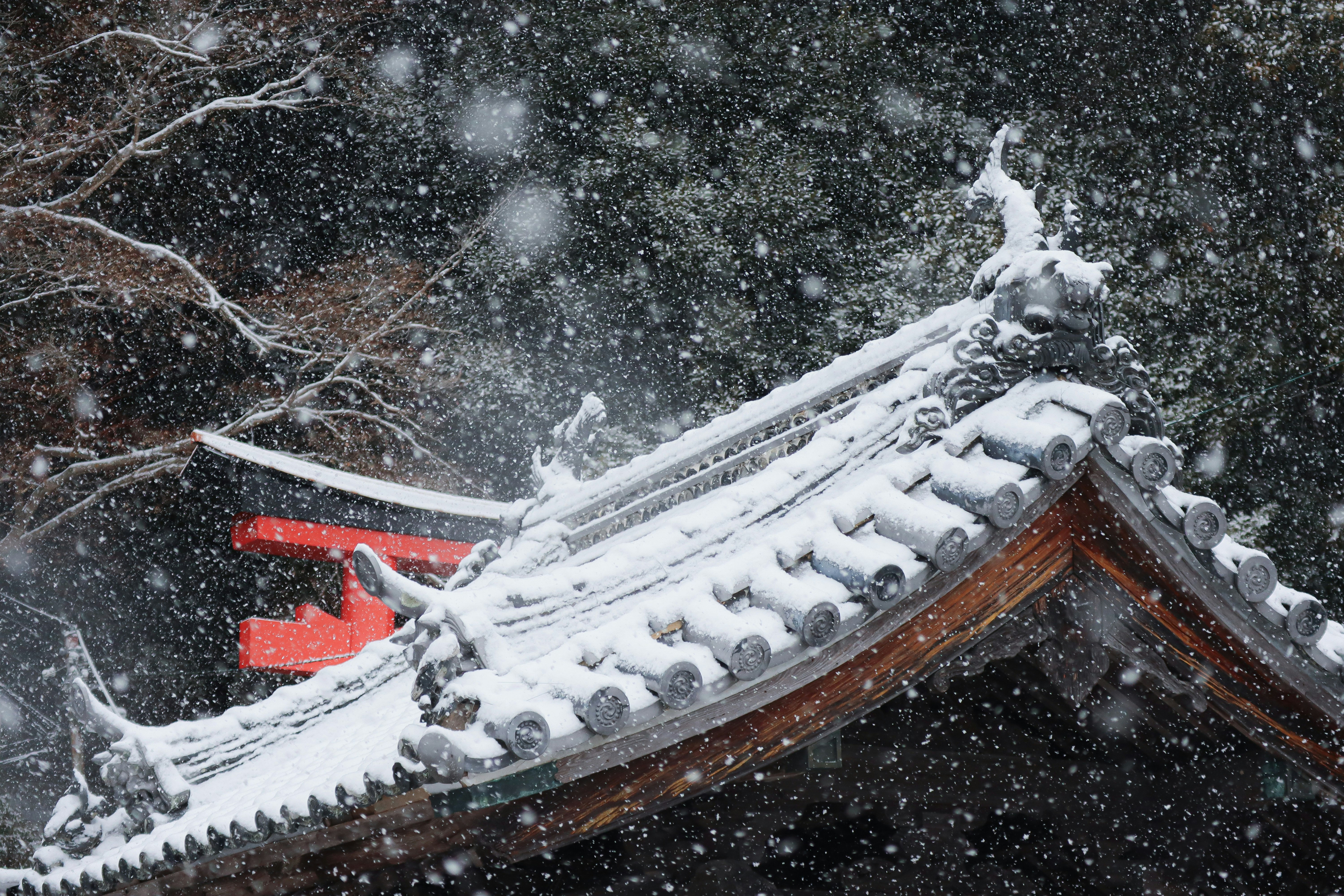 雪の積もる屋根の上の装飾的な瓦