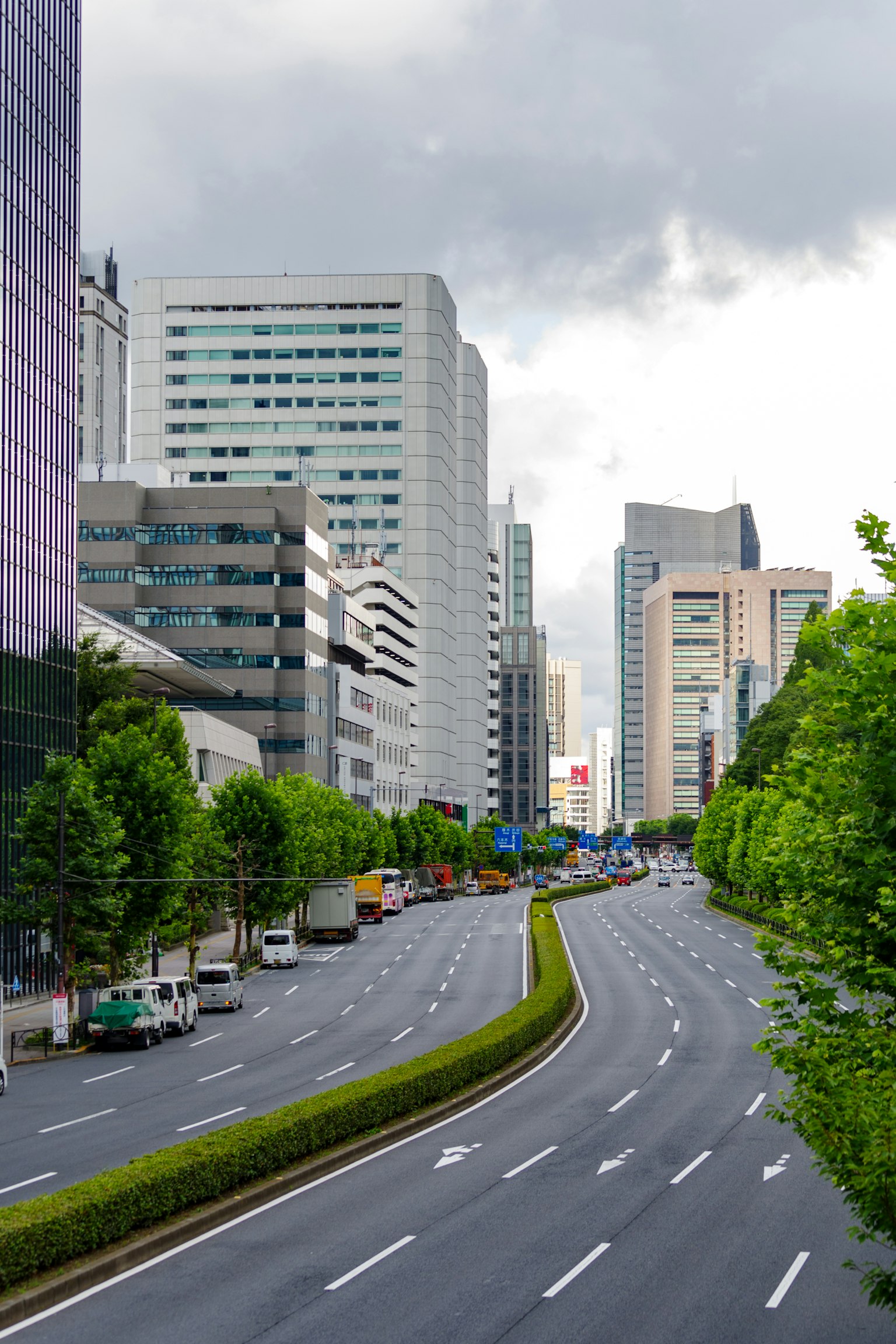 Calle moderna de la ciudad rodeada de altos edificios y árboles verdes