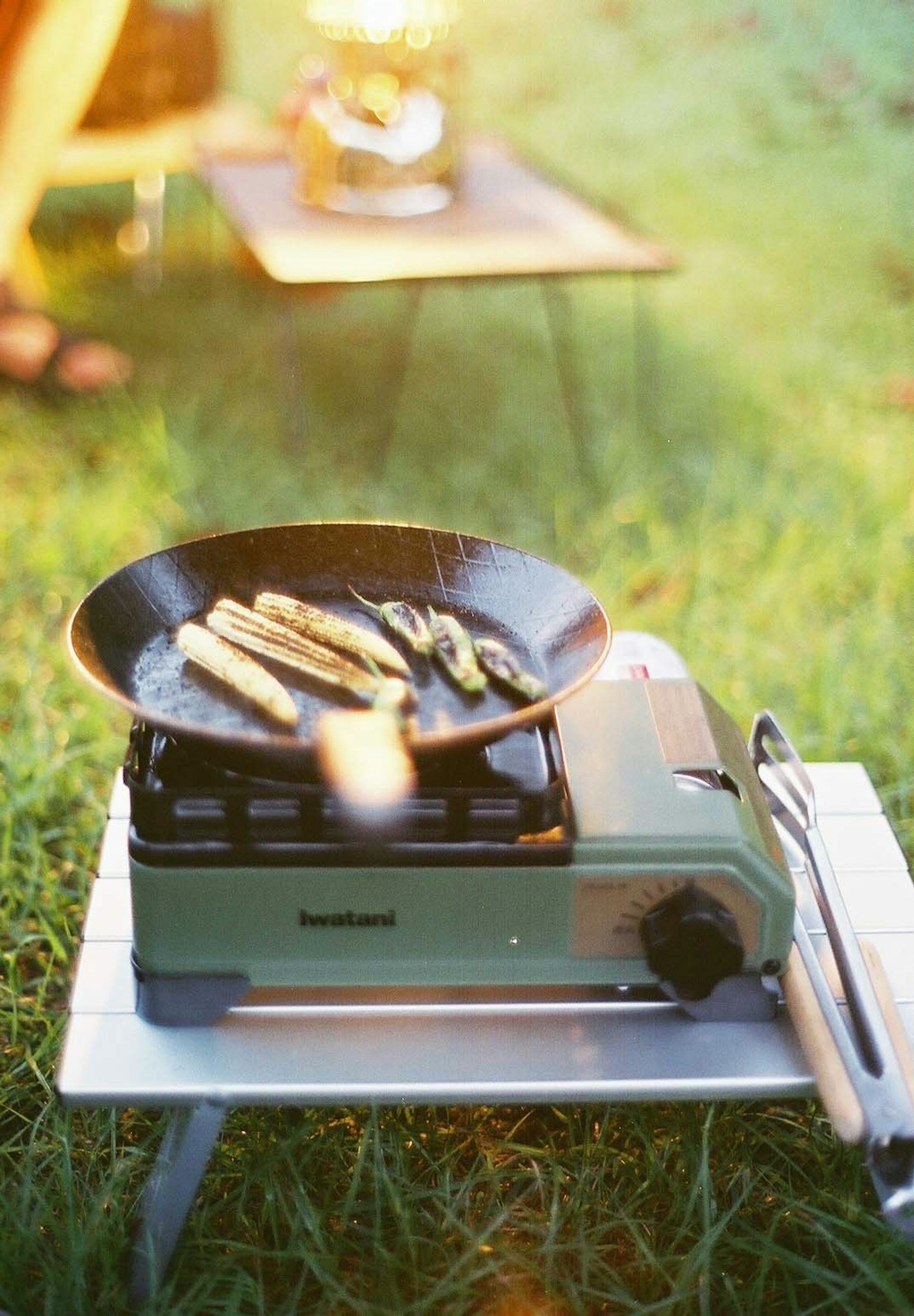 Asparagus yang dimasak di kompor camping yang diletakkan di atas rumput hijau