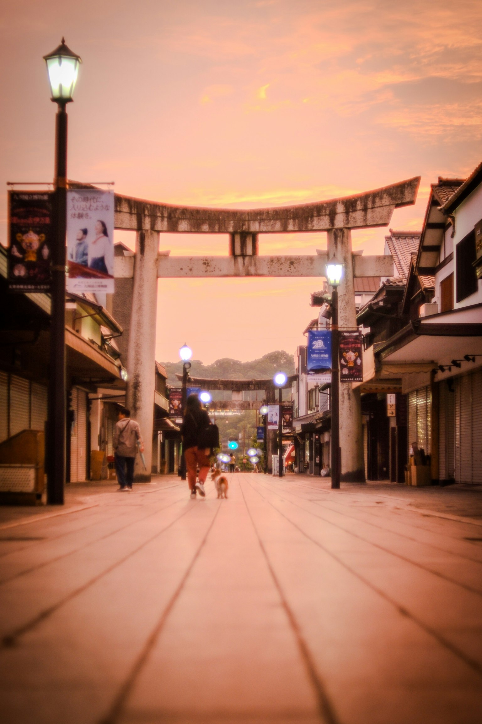 Una persona che passeggia con un cane sotto un torii al tramonto