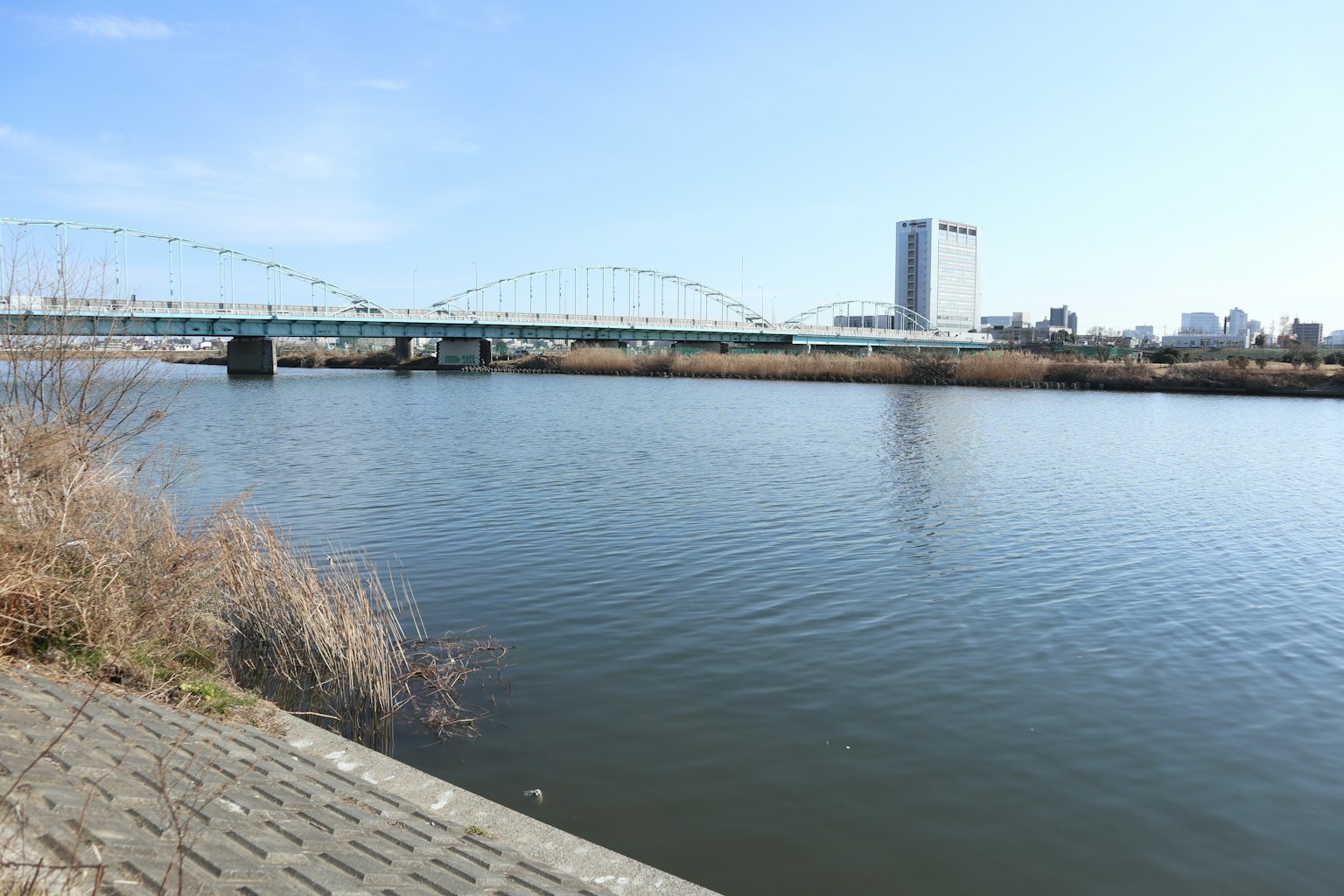 Scenic view of a river and bridge under a blue sky