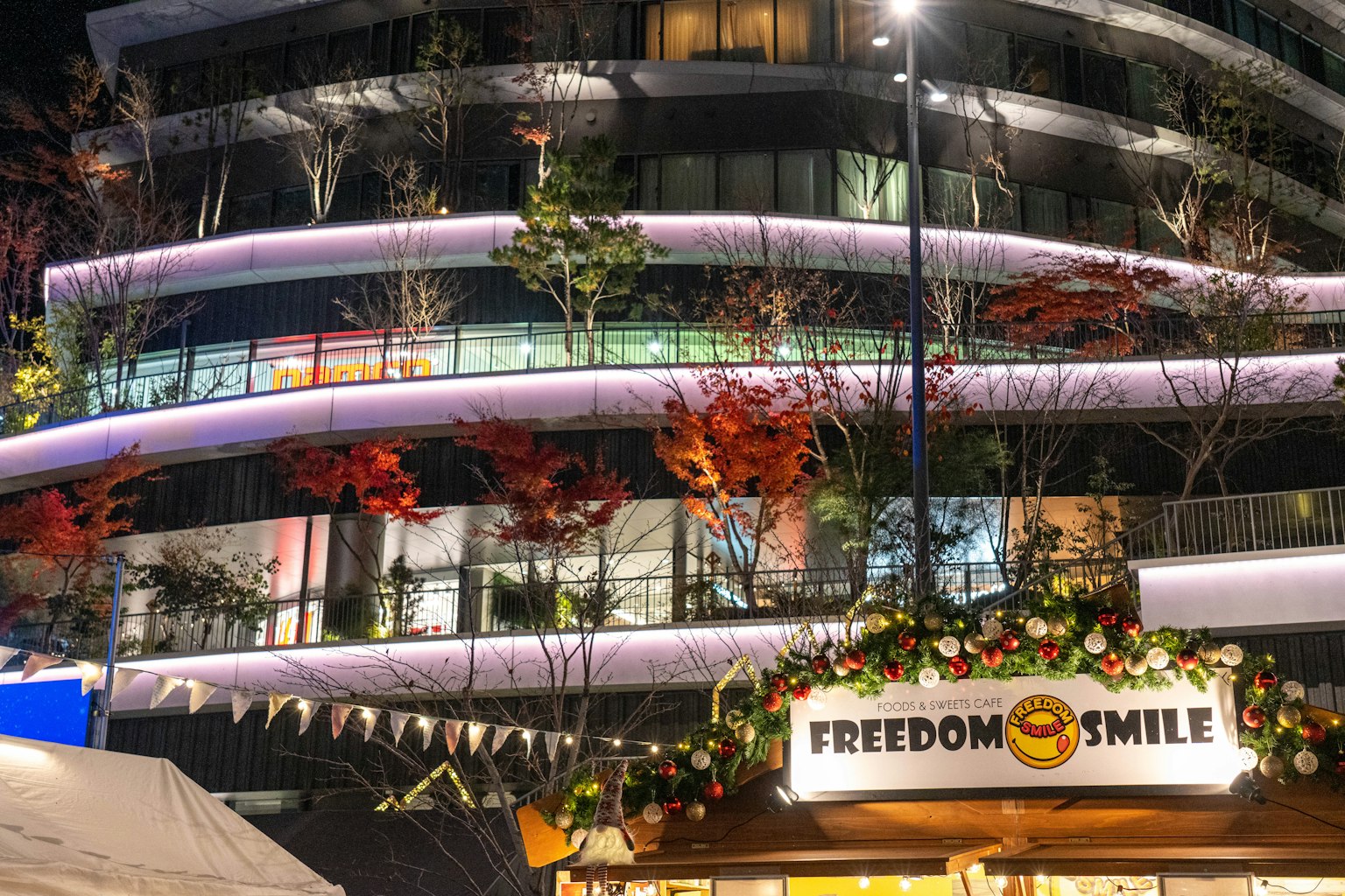 Bâtiment moderne avec éclairage nocturne magnifique mettant en avant la vitrine de Freedom Smile et de la verdure