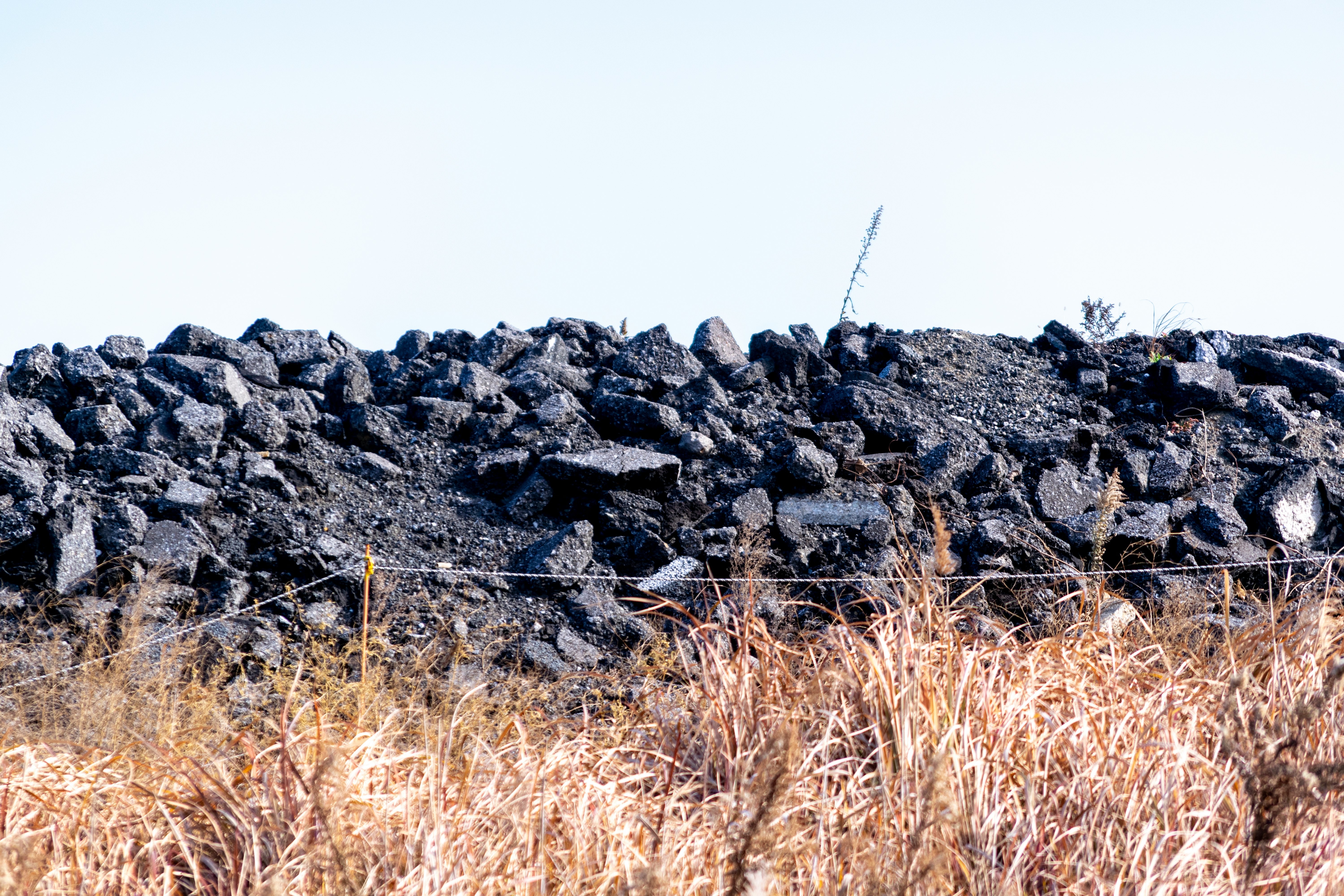 A pile of black rocks against a backdrop of dry grass