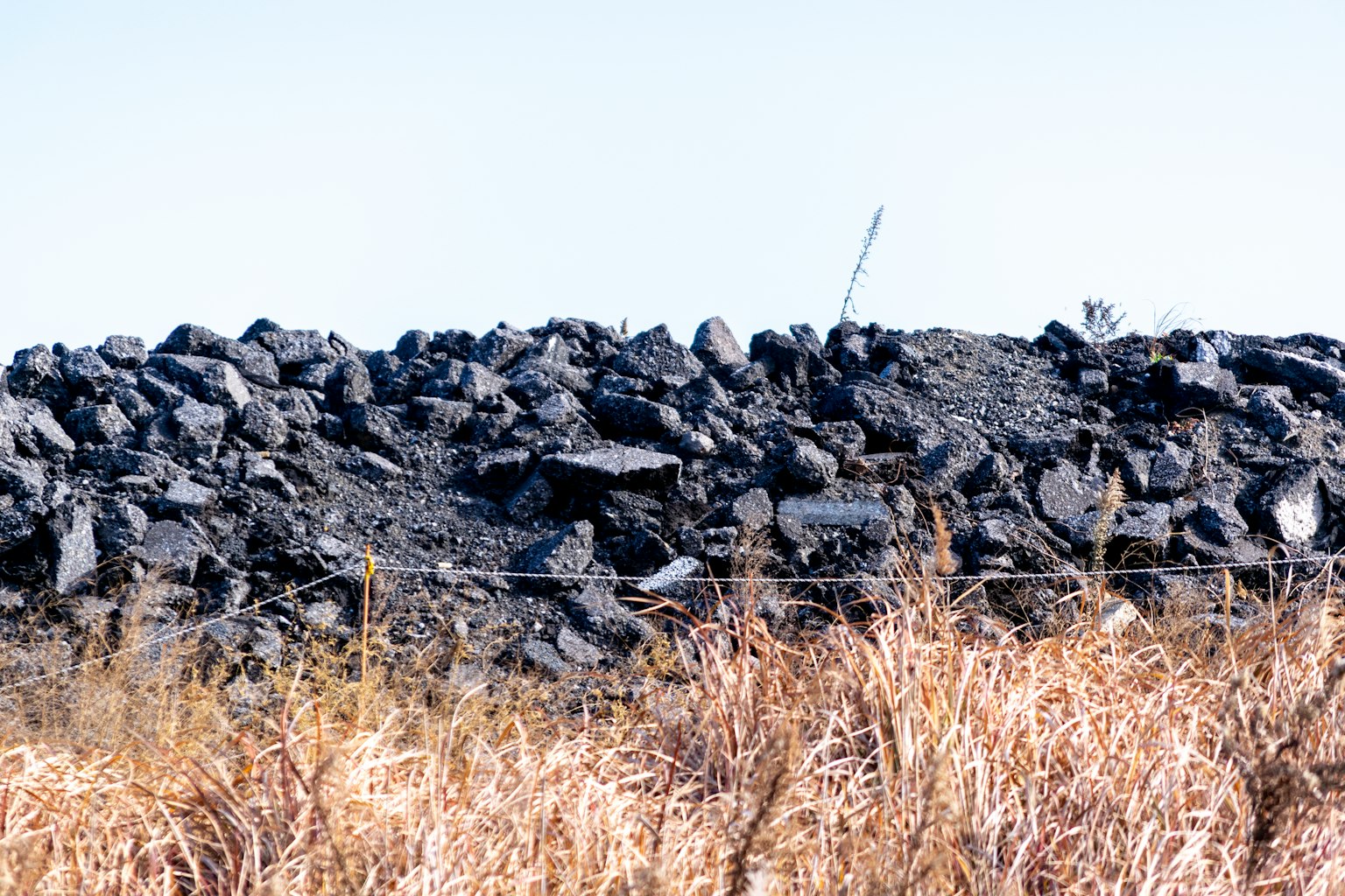 Un tas de roches noires sur fond de herbe sèche