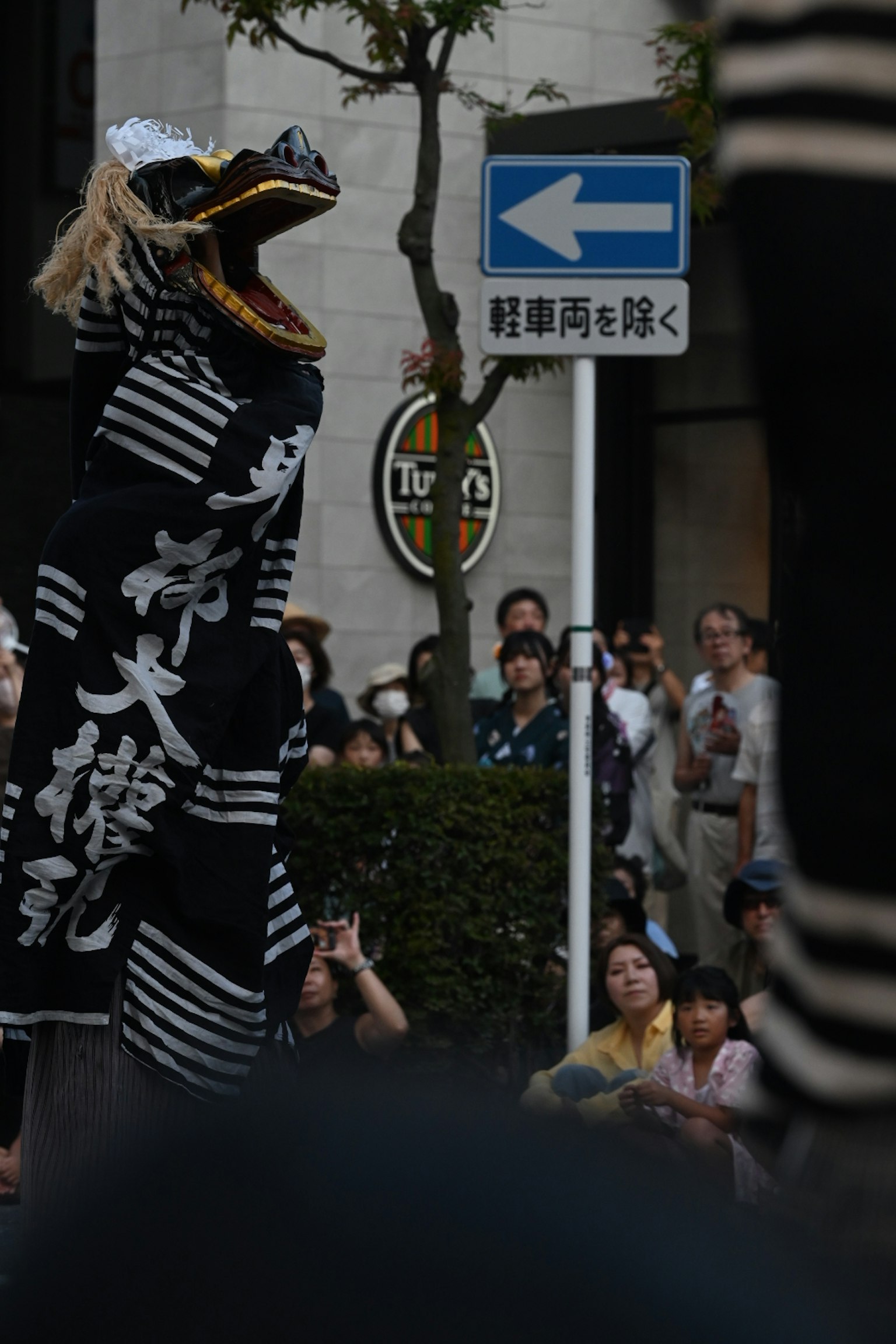 穿着节日服装的表演者在跳舞，背景中有观众和可见的街道标志