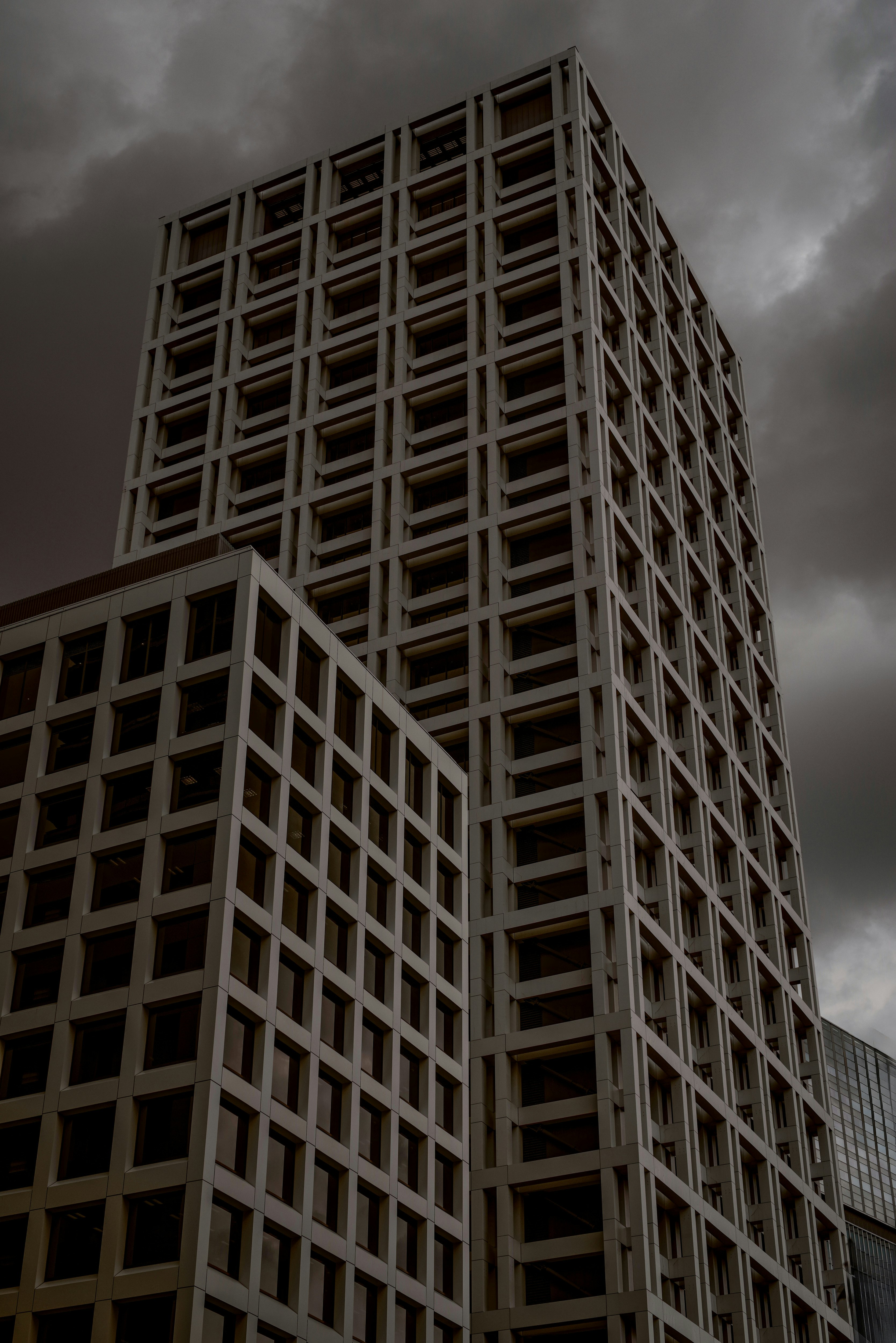 grid-pattern high-rise buildings under overcast skies